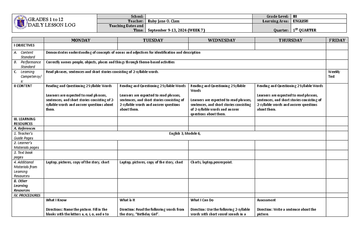 DLL English 3 Q1 W7 - GRADES 1 to 12 DAILY LESSON LOG School: Grade ...