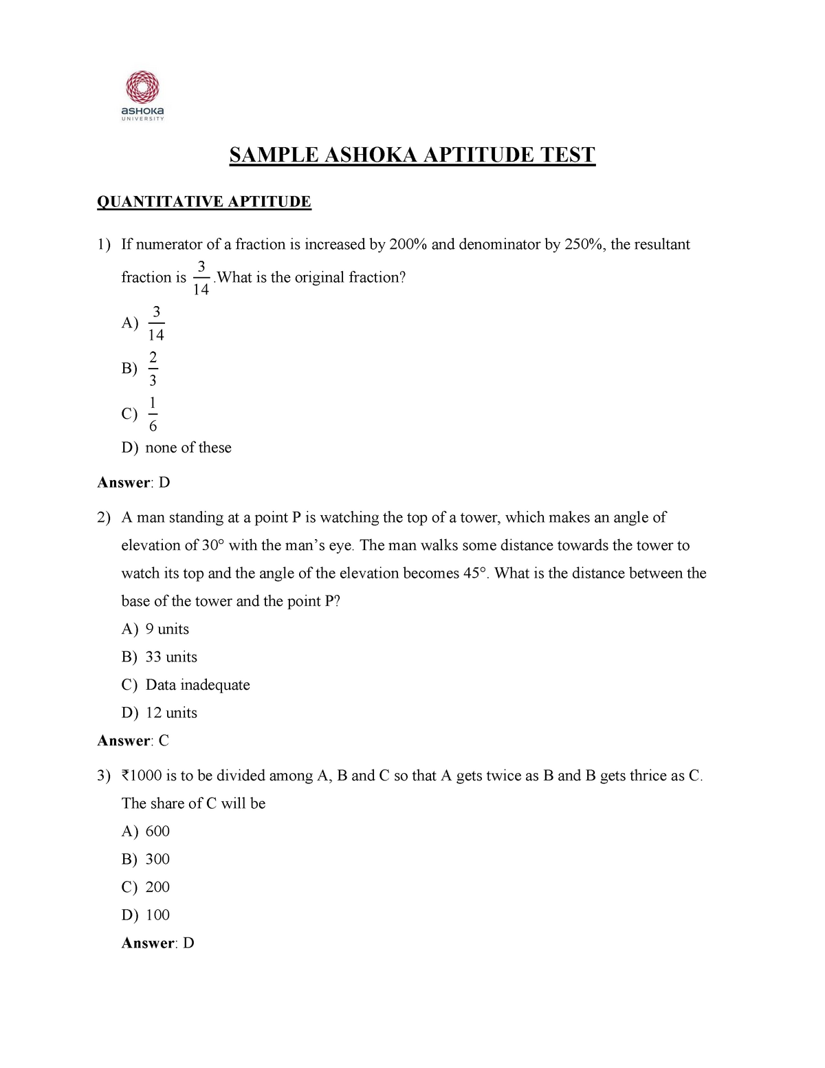 Sample Ashoka Aptitude TEST SAMPLE ASHOKA APTITUDE TEST QUANTITATIVE APTITUDE 1 If Numerator