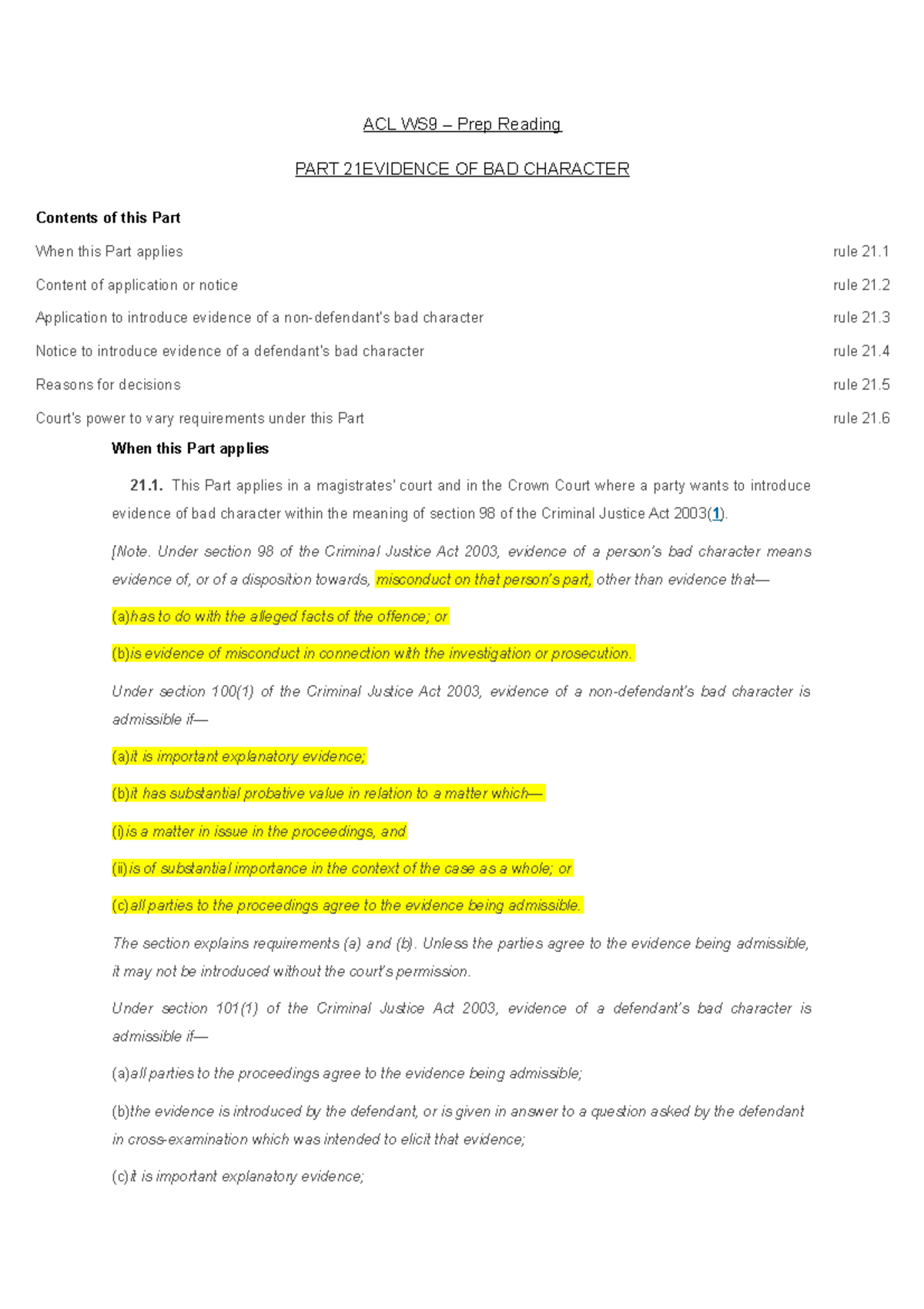 ACL WS9 Prep Reading Part 21 Rules ACL WS9 Prep Reading PART