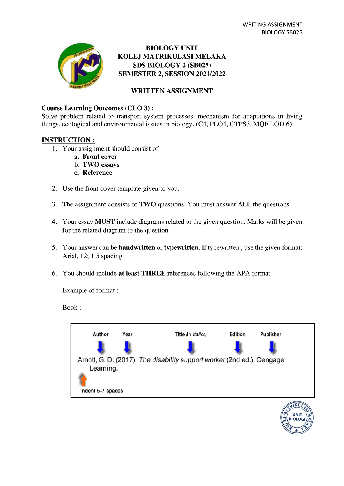 contoh assignment biologi matrikulasi