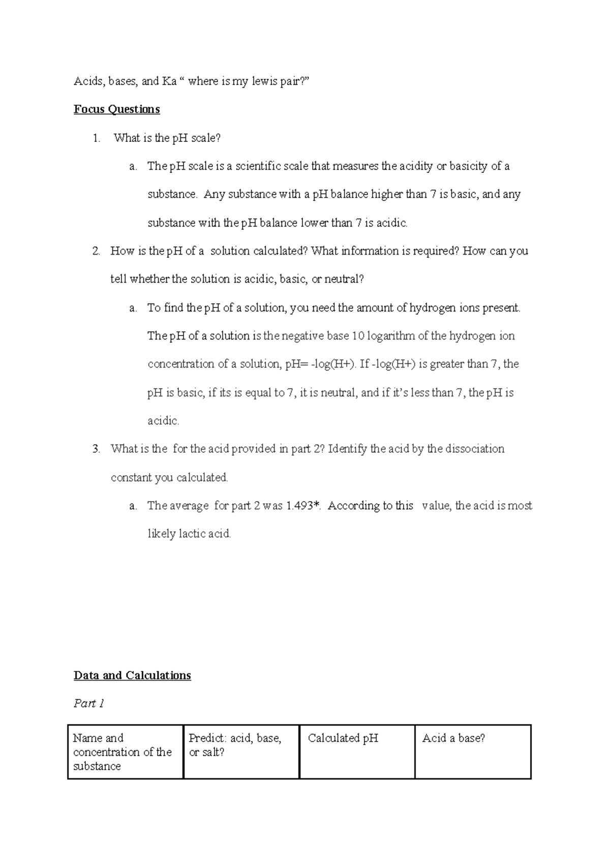 Lab 11 - Lab Report for Acids, bases, and Ka “ where is my lewis pair ...