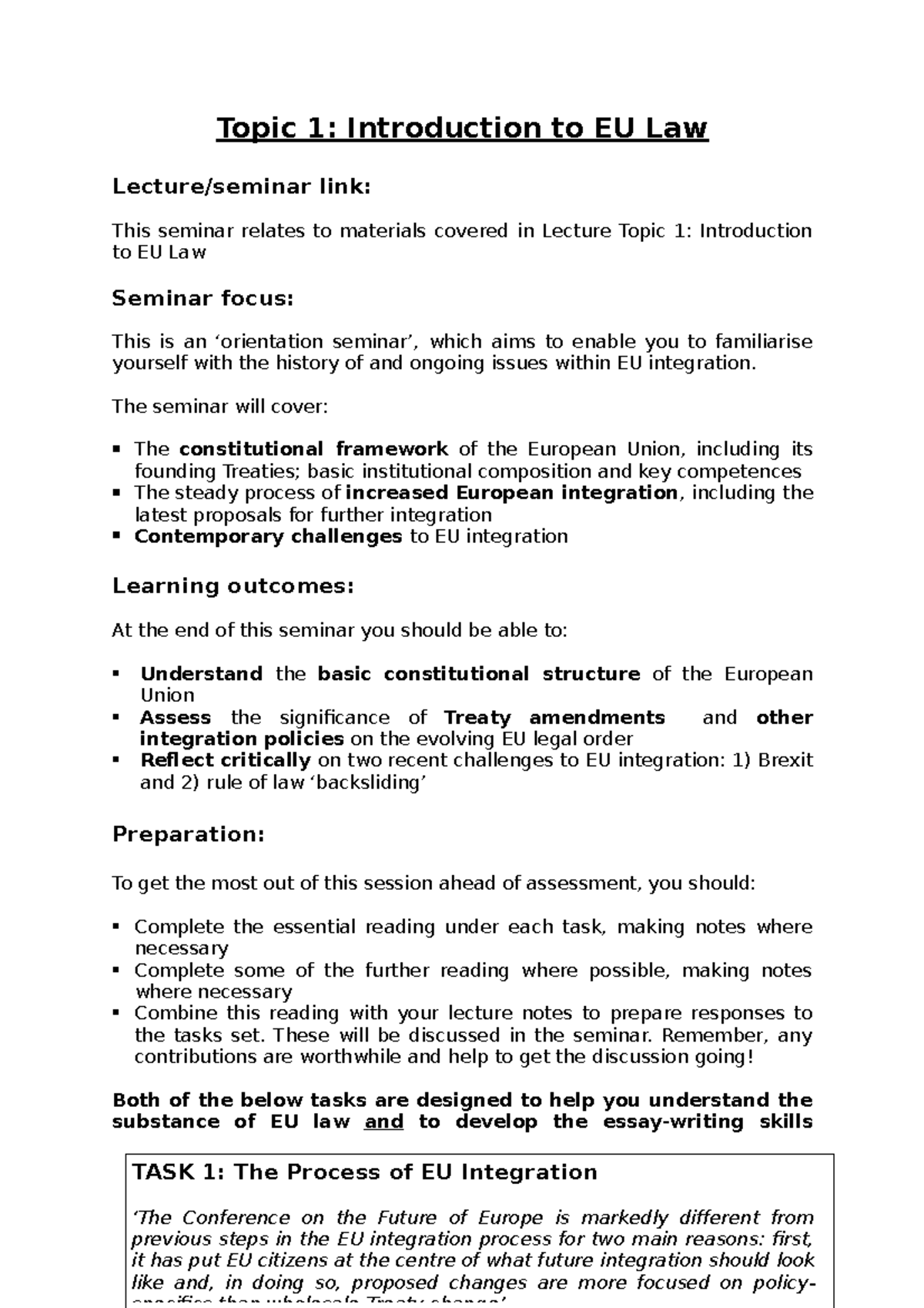 Seminar Preparation Guide - Topic 1 - Topic 1: Introduction to EU Law ...