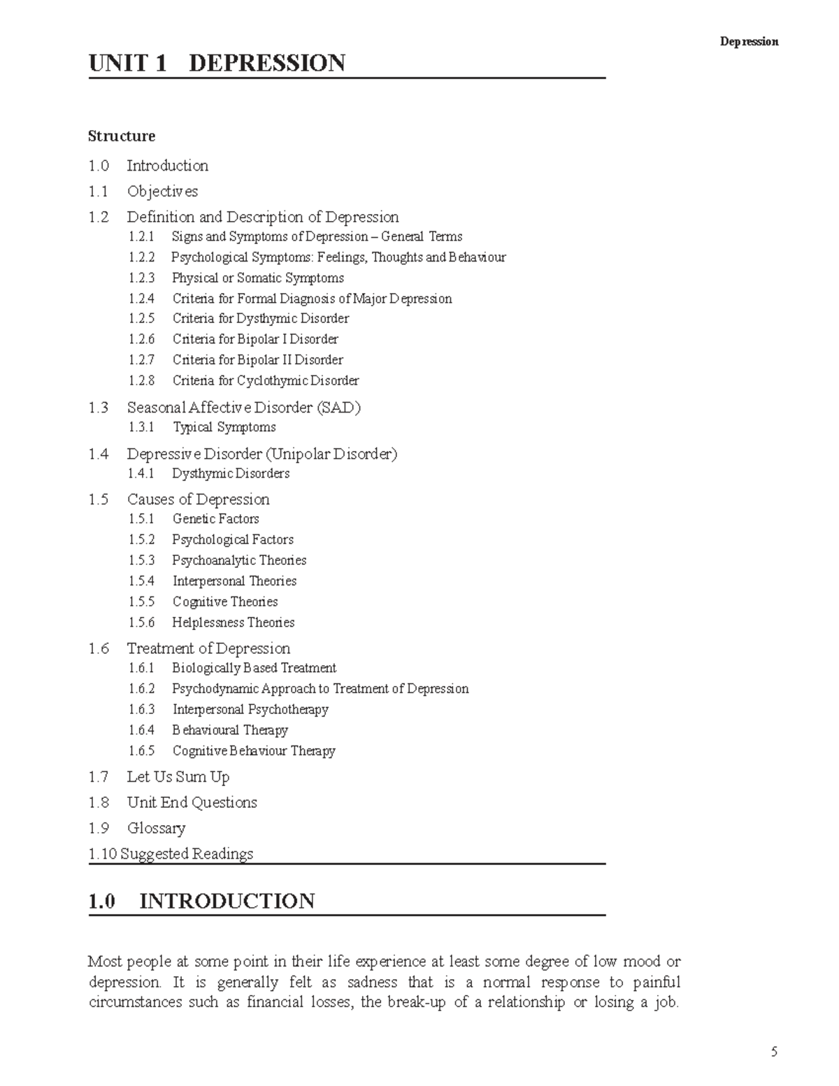 Psychological Disorders in Psychology - UNIT 1 DEPRESSION Structure 1 ...