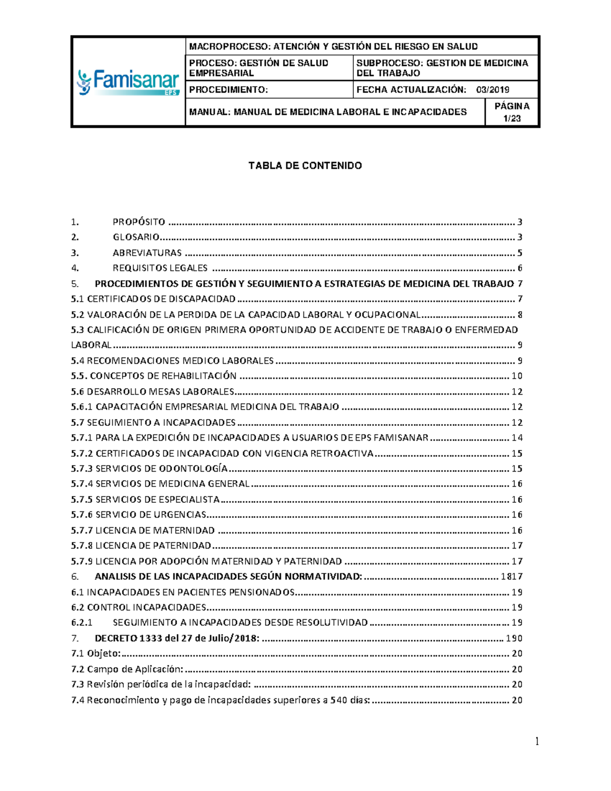 Formato Manual DE Medicina DEL Trabajo E Incapacidades 11 03 2019 1 ...