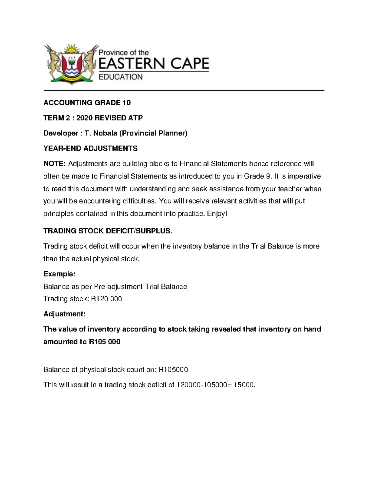 2 Accounting Gr 10 Introduction to Grade 10 adjustments ACCOUNTING