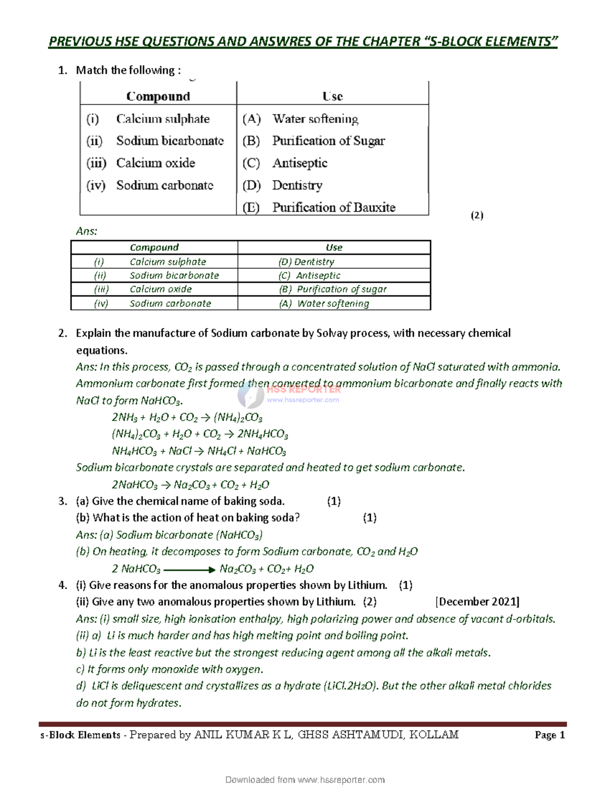 HSSRptr 10. s-Block elements - s-Block Elements - Prepared by ANIL ...