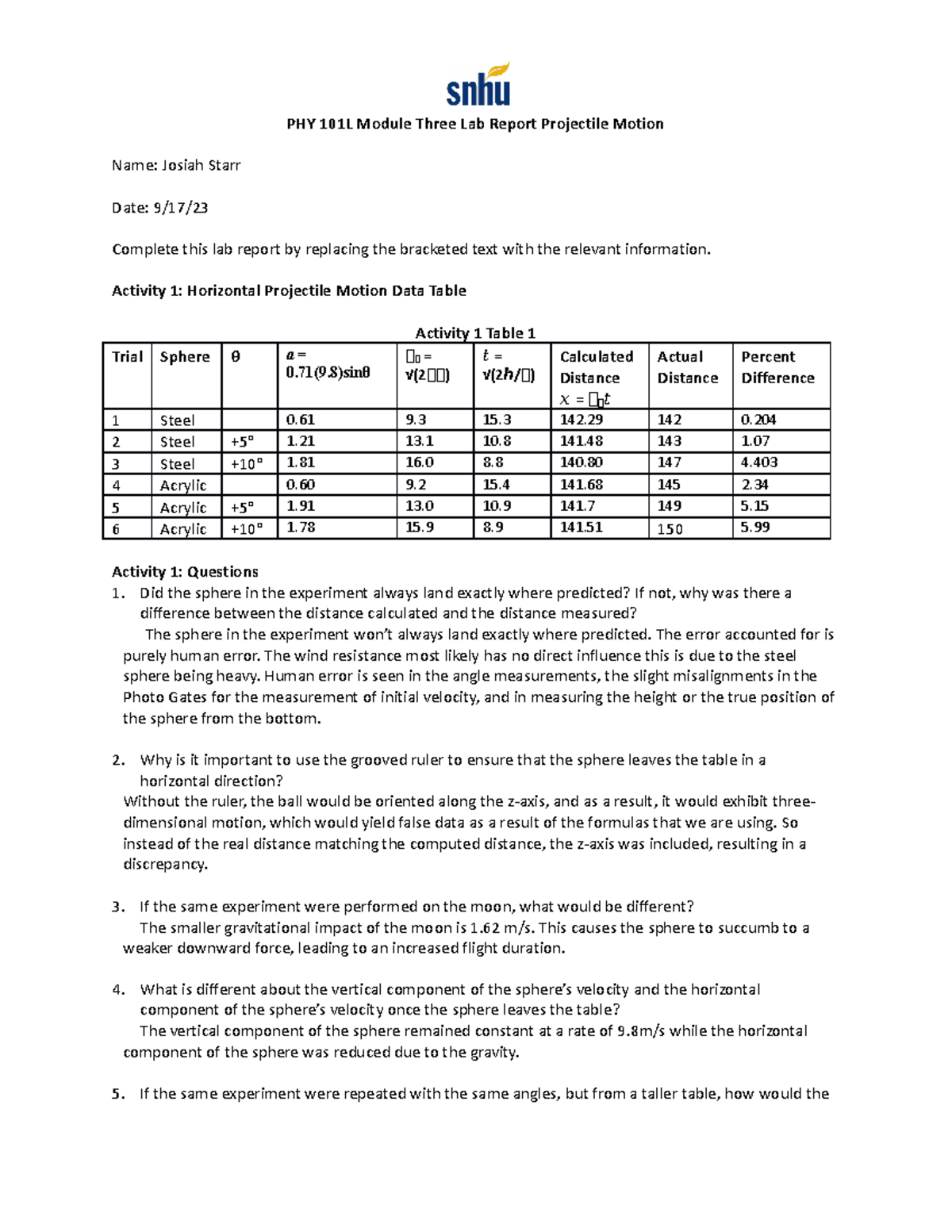 projectile motion experiment lab report discussion