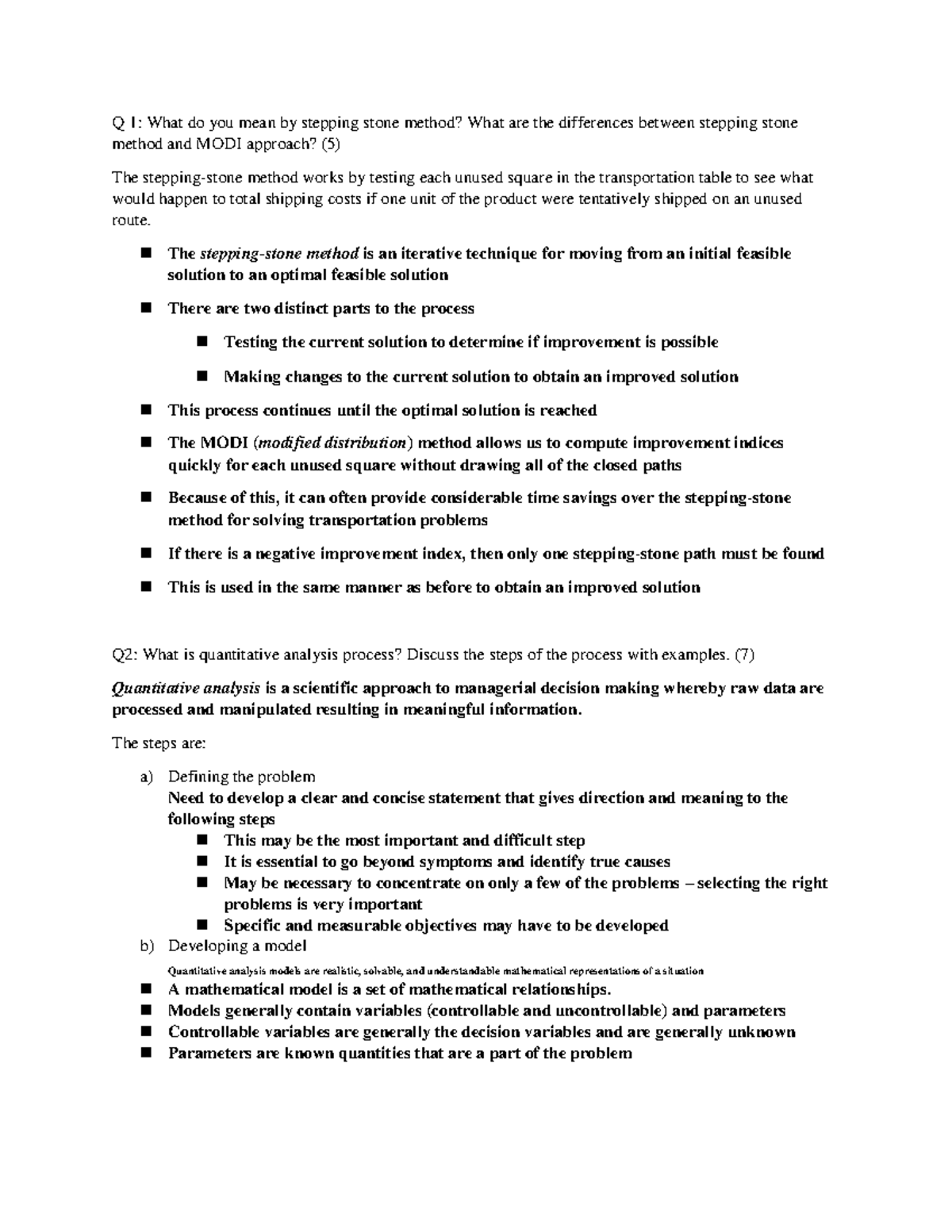 Semester Final Exam - Q 1: What do you mean by stepping stone method ...