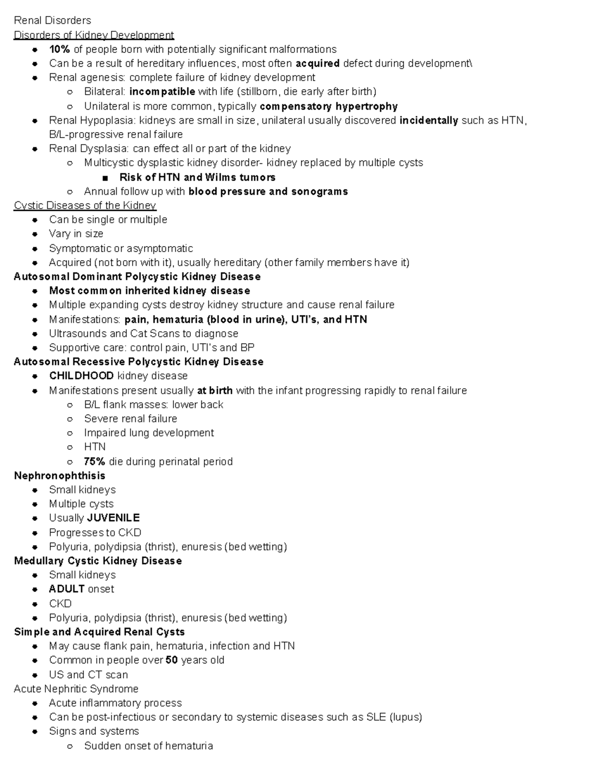 Exam 3 pathophysiology Study Guide - Renal Disorders Disorders of ...