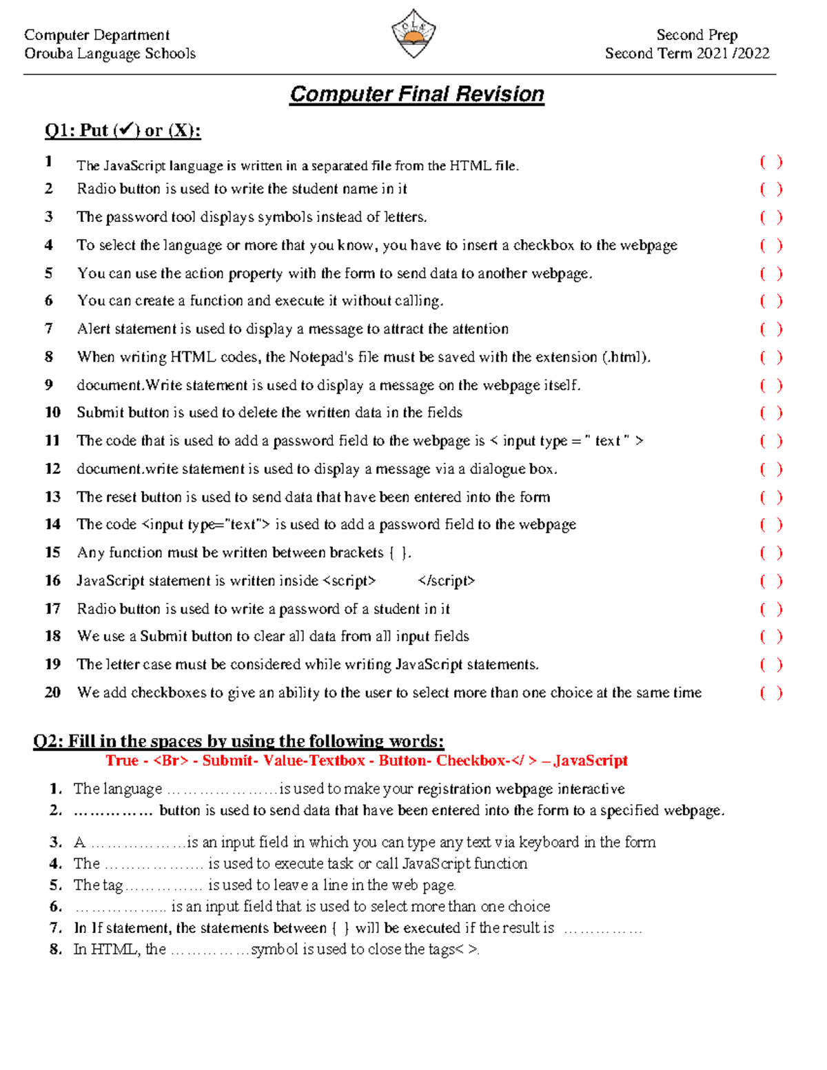 Final revision sheet 2 prep second term 2022 - Computer Department ...