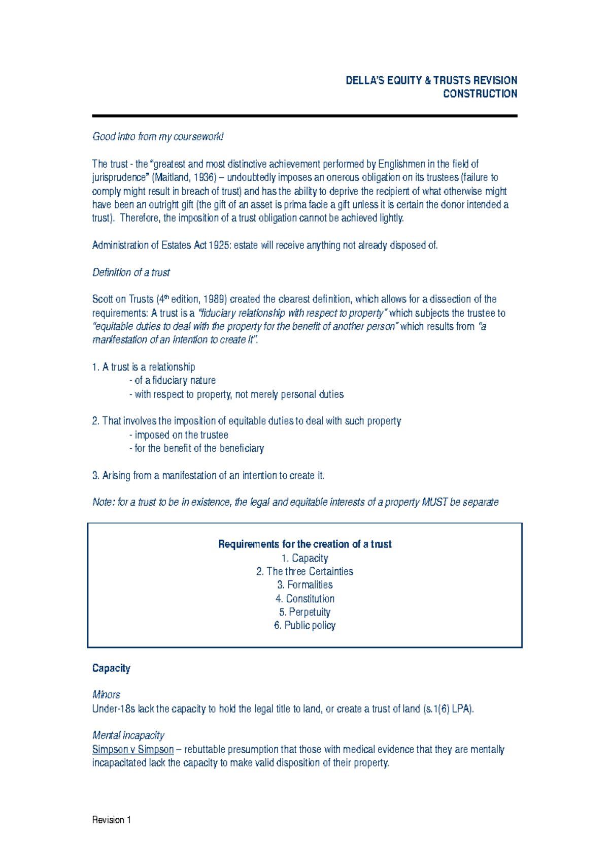 Llb equity & trusts revision notes 1 - DELLA’S EQUITY & TRUSTS REVISION ...