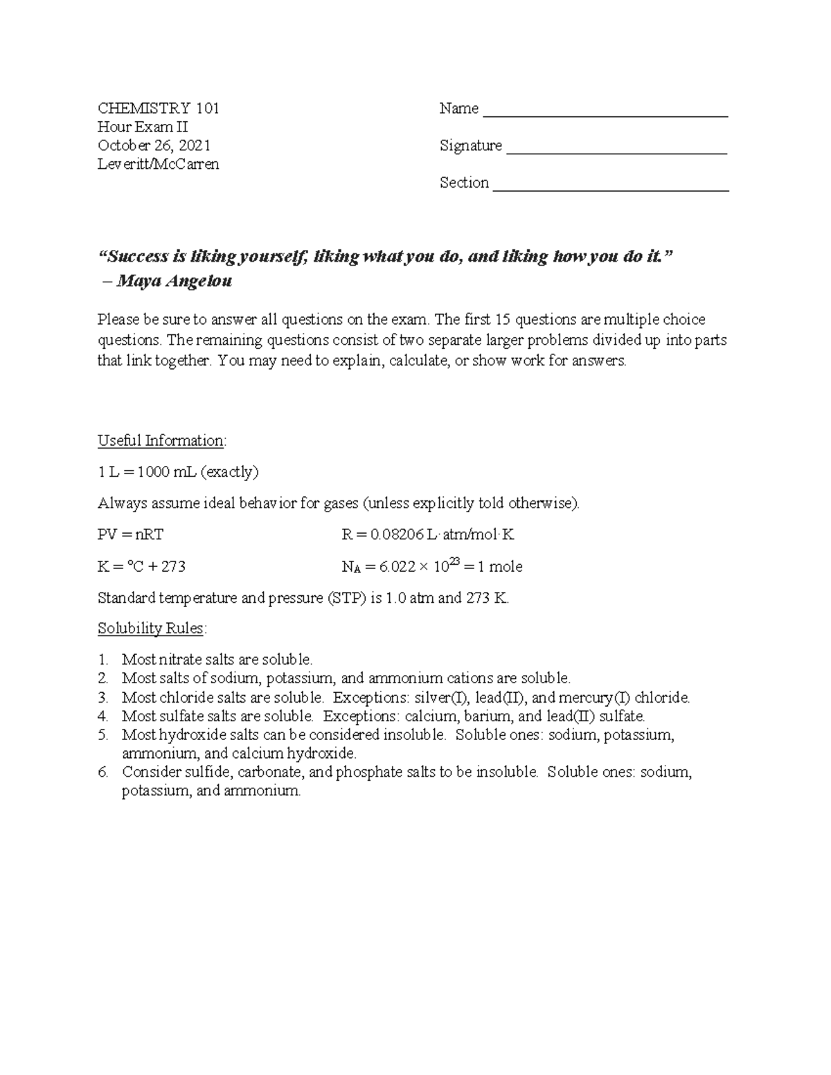 Chem 101 Exam 2 Fall 2021 Blank Paper Copy-2-1 - CHEMISTRY 101 Name