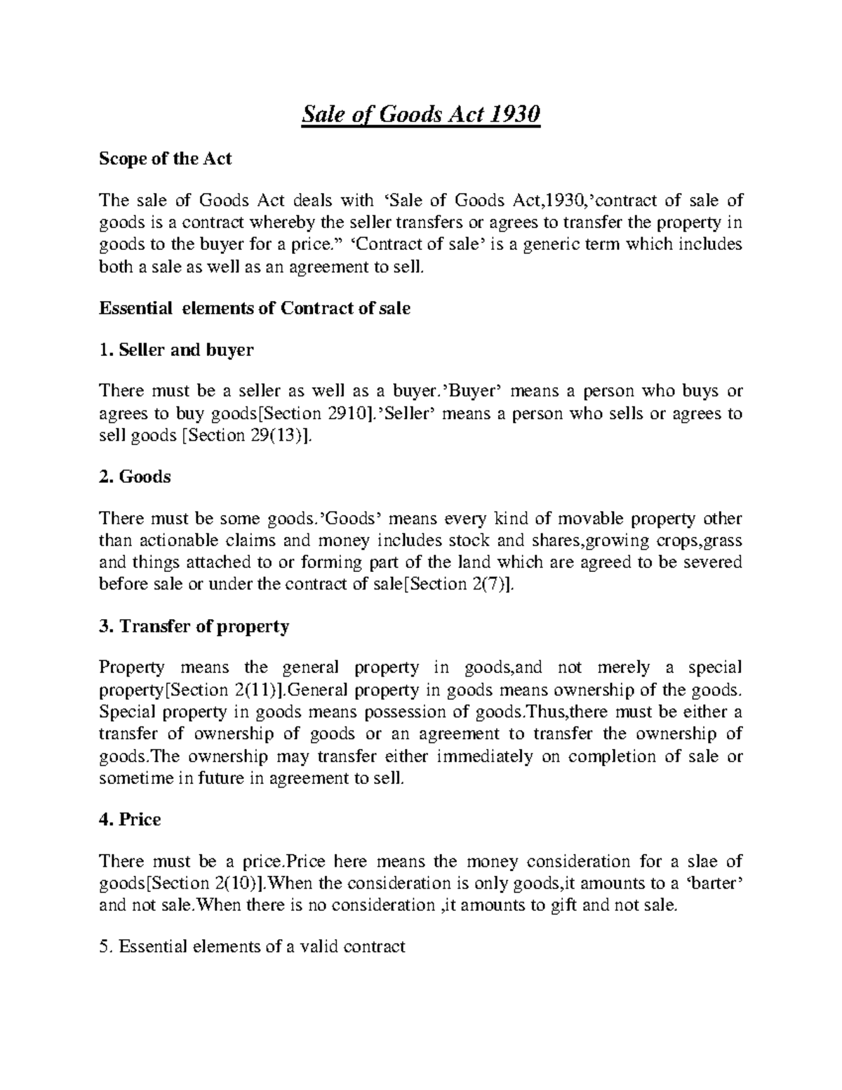 Sale of Goods Act 1930 This notes will help you to revise entire