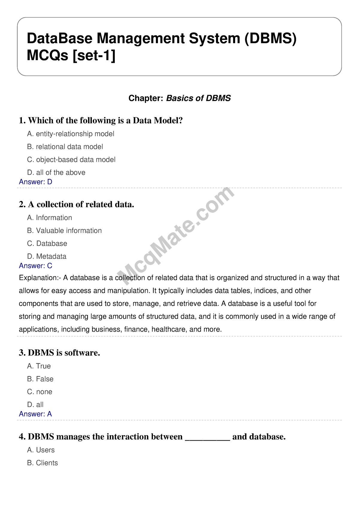 Data Base Management System (DBMS) Solved MCQs [set-1] Mcq Mate.com ...