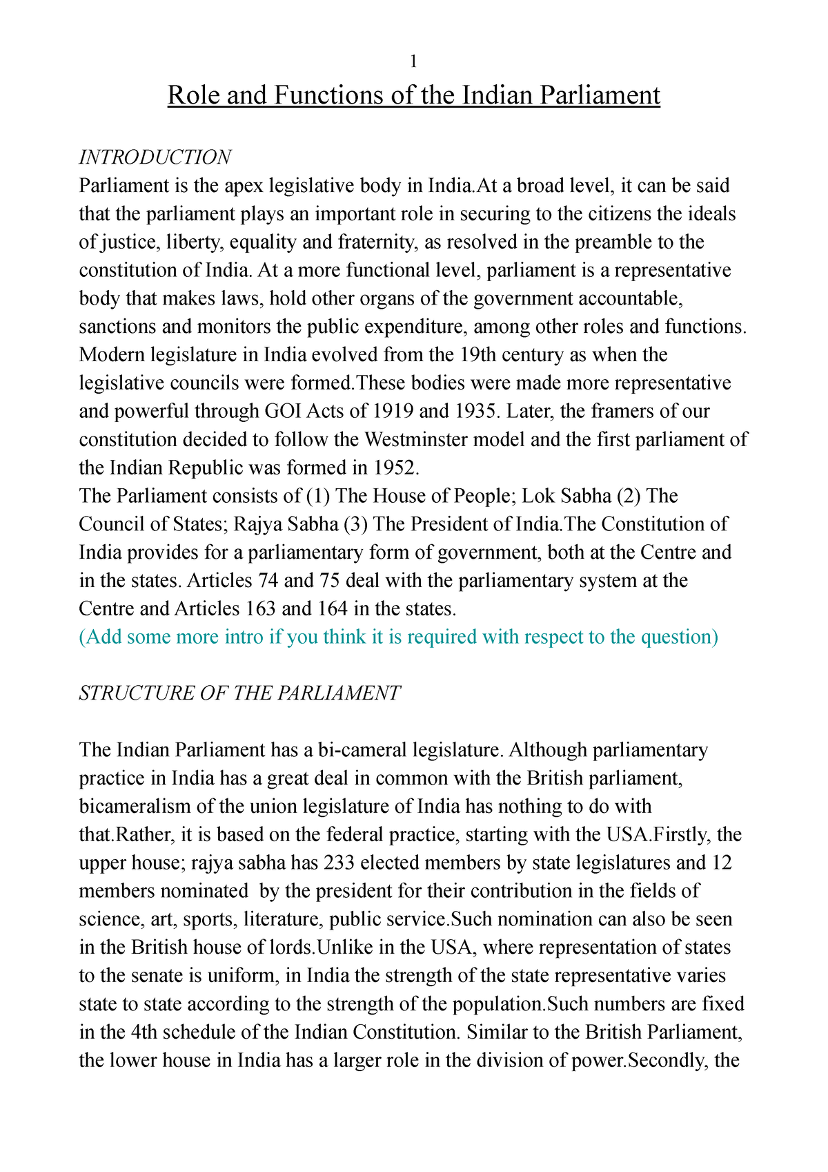 essay on indian parliament