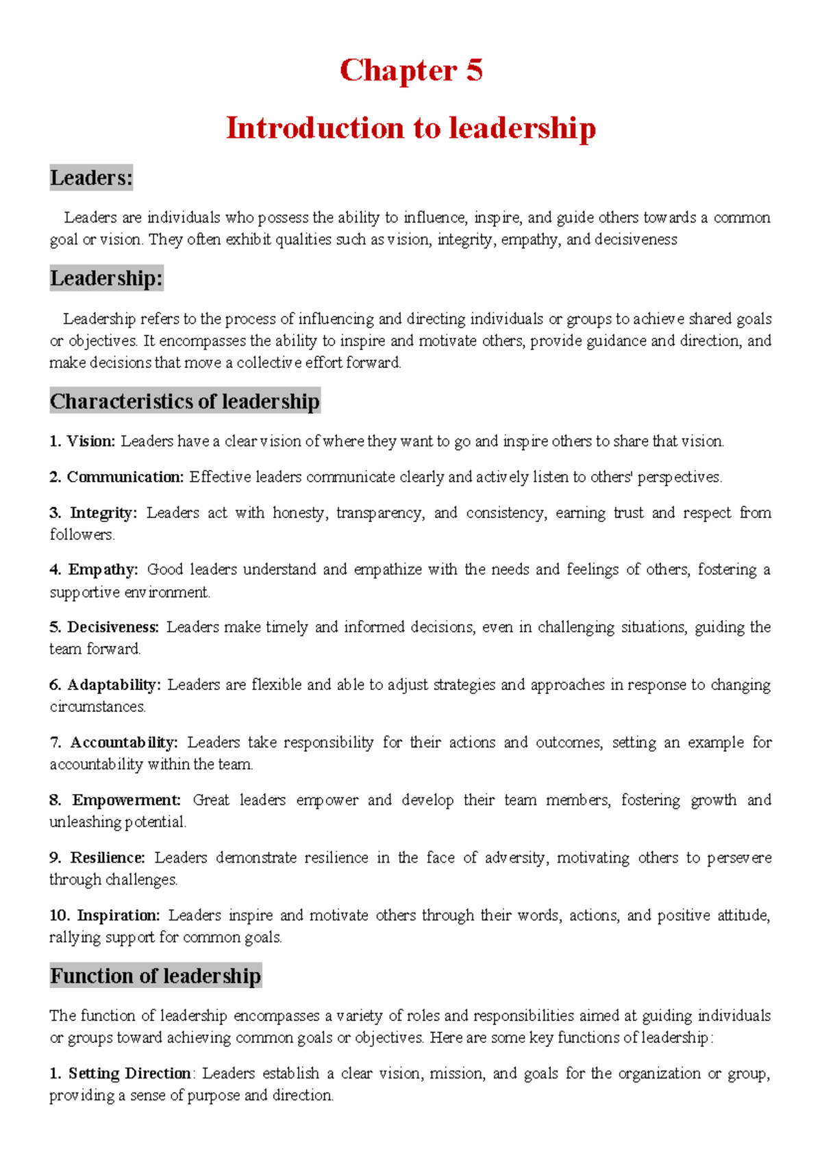 MGT Chapter 5 - Chapter 5 Introduction to leadership Leaders: Leaders ...
