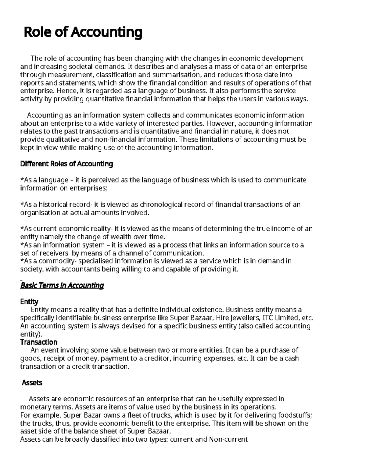 Role of accounting - Notes prepared by manjoj sir - Role of Accounting ...