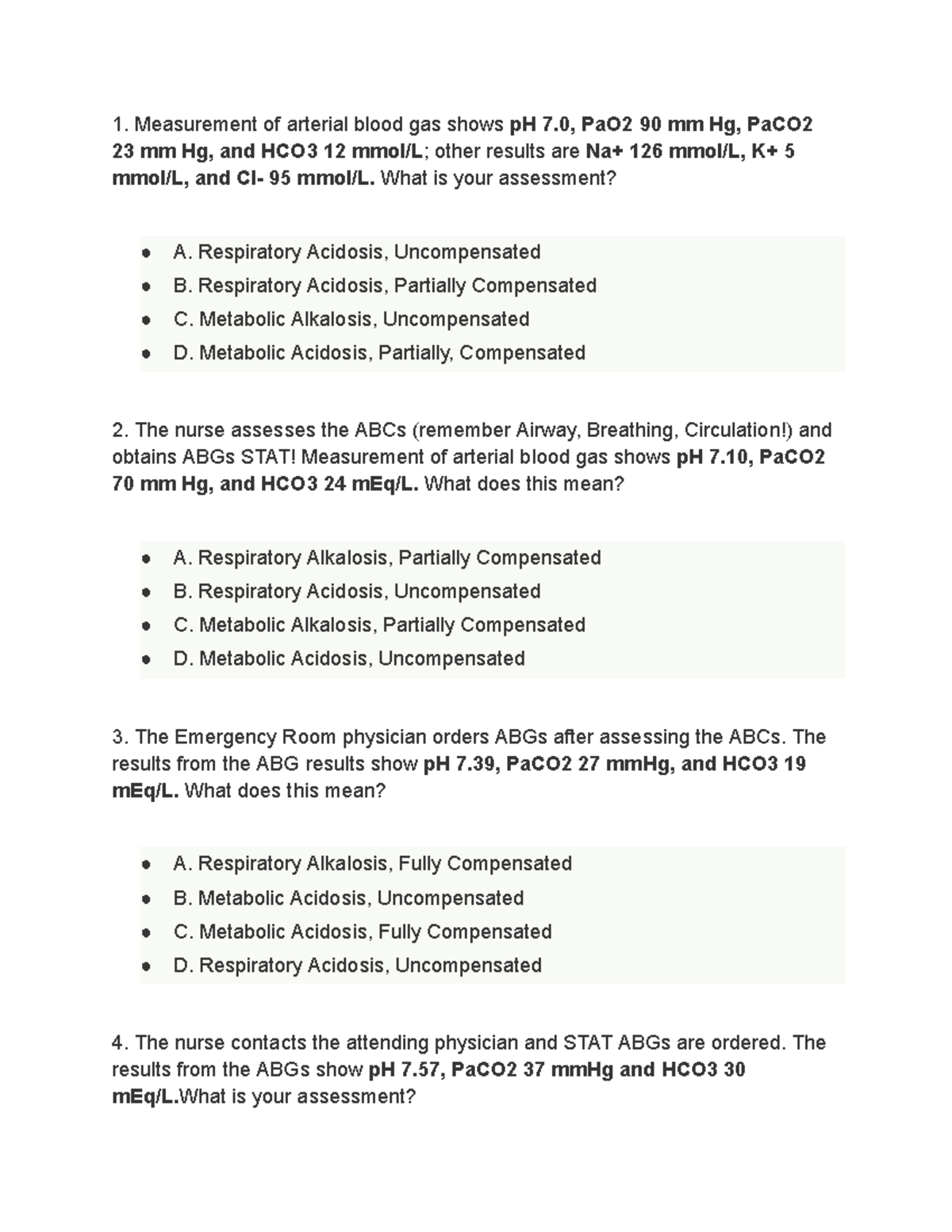 Quiz-ABG - ABg interpretation - Measurement of arterial blood gas shows ...