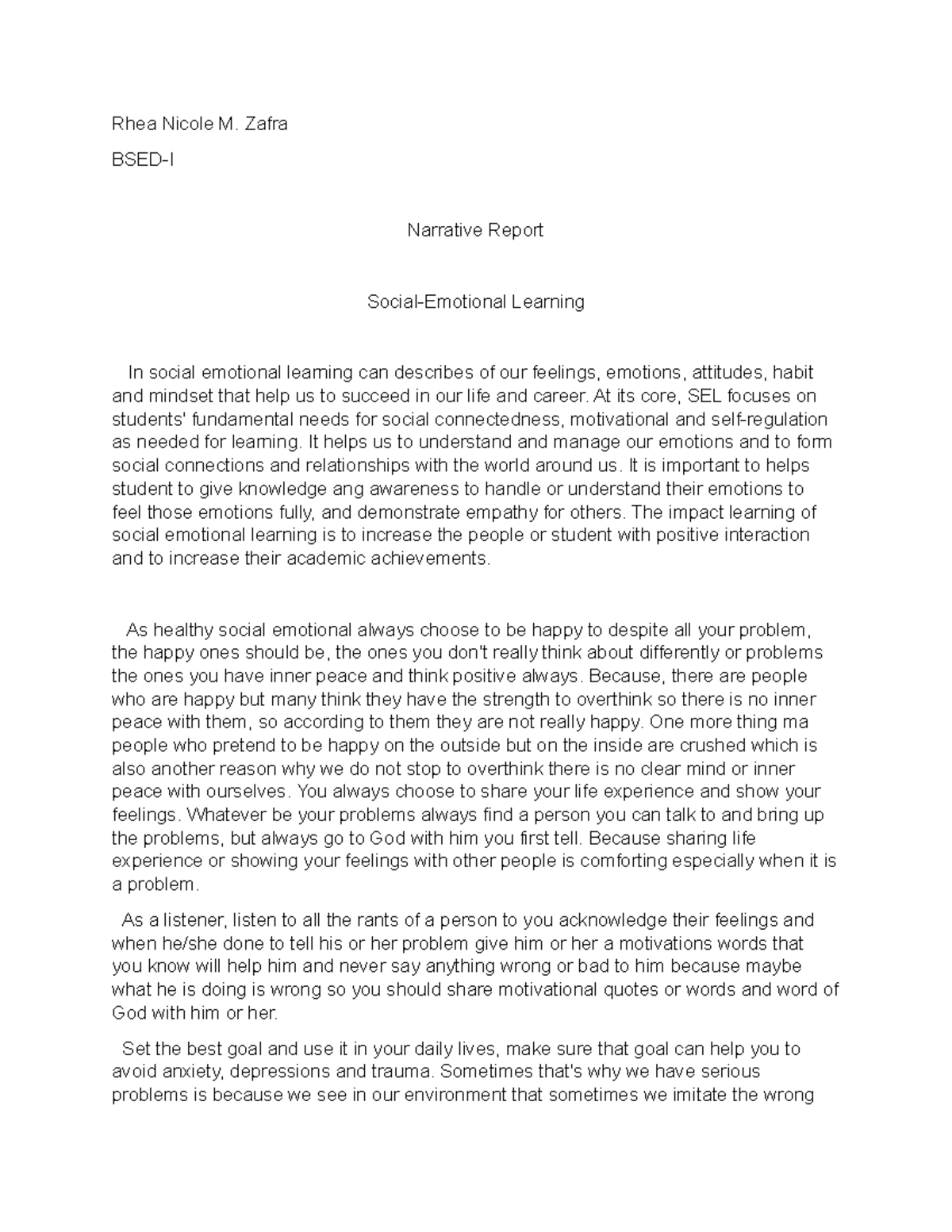 Narrative report - none - Rhea Nicole M. Zafra BSED-I Narrative Report ...