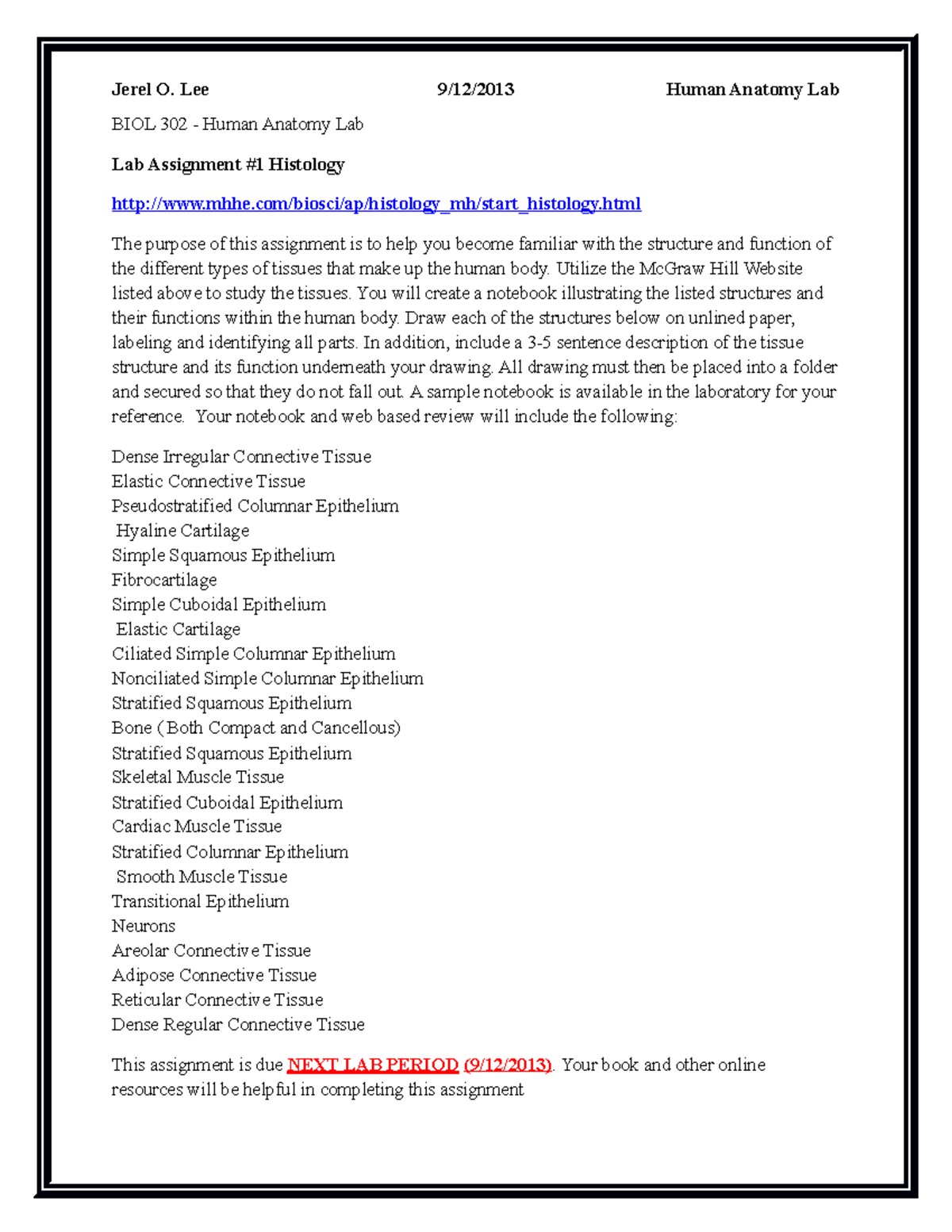 Histology Lab Assignment - BIOL 302 - Human Anatomy Lab Lab Assignment ...