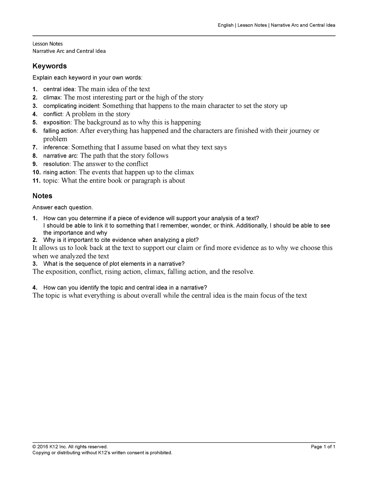 English Notebook 1 - English | Lesson Notes | Narrative Arc and Central ...