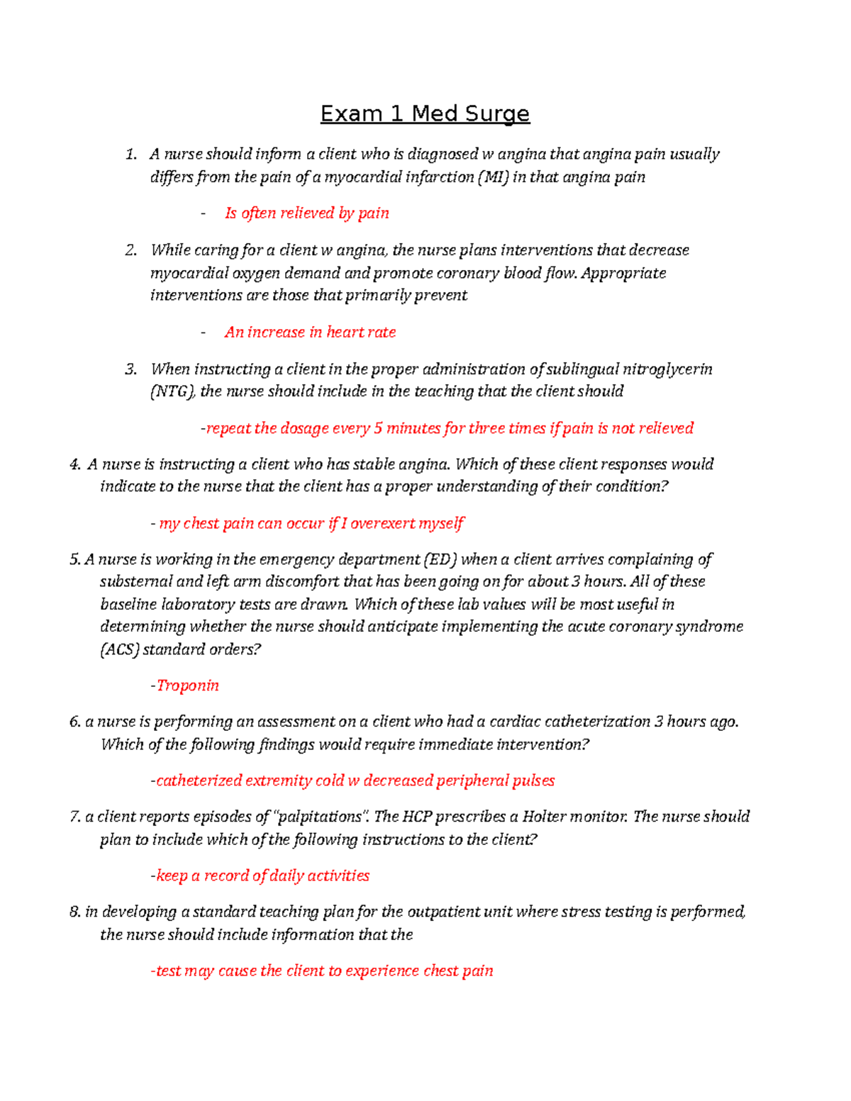 Med Surg 2 Exam Practice Questions 2019-2020 - Exam 1 Med Surge 1. A ...