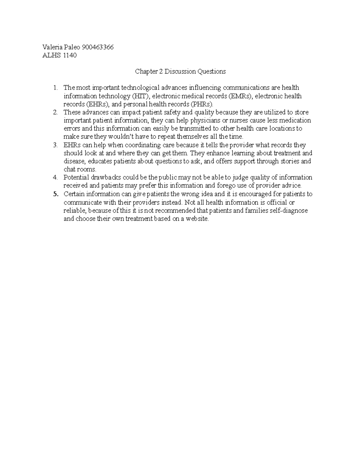 Chapter 2 Discussion Questions - Valeria Paleo 900463366 ALHS 1140 ...
