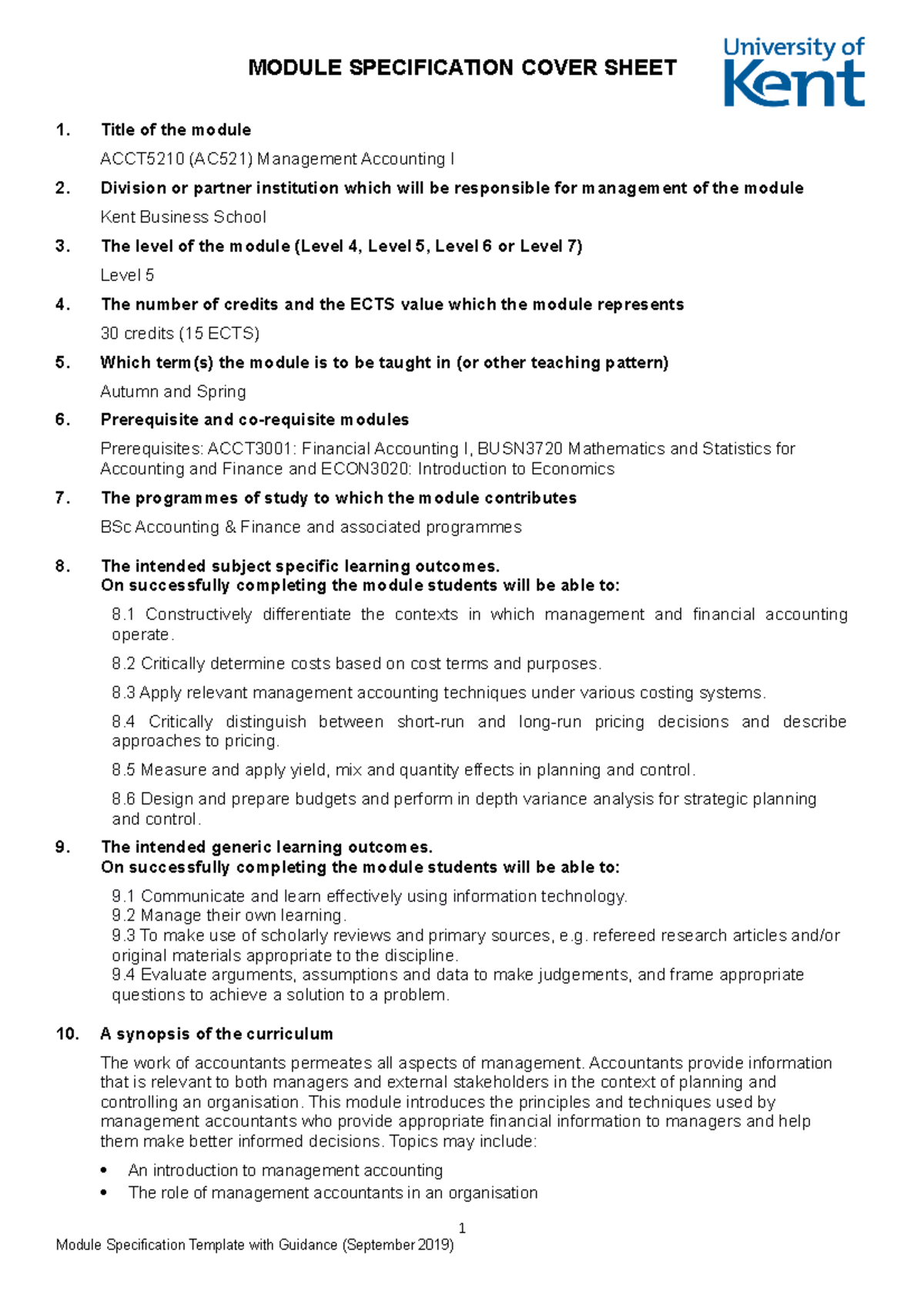 Module Course: ACCT5210 - Summary for module - MODULE SPECIFICATION ...
