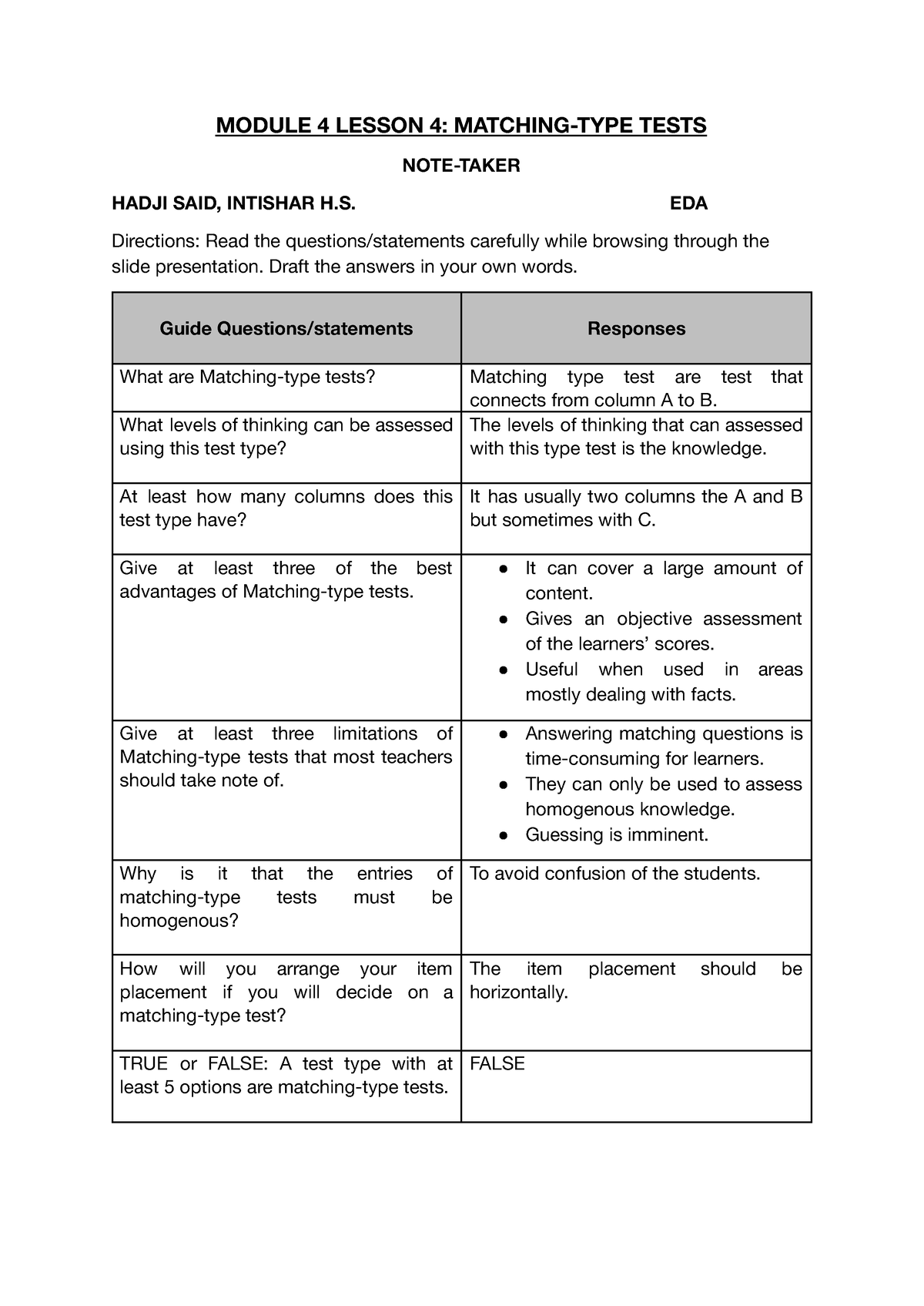 Module 4 L4- NOTE Taker - MODULE 4 LESSON 4: MATCHING-TYPE TESTS NOTE ...