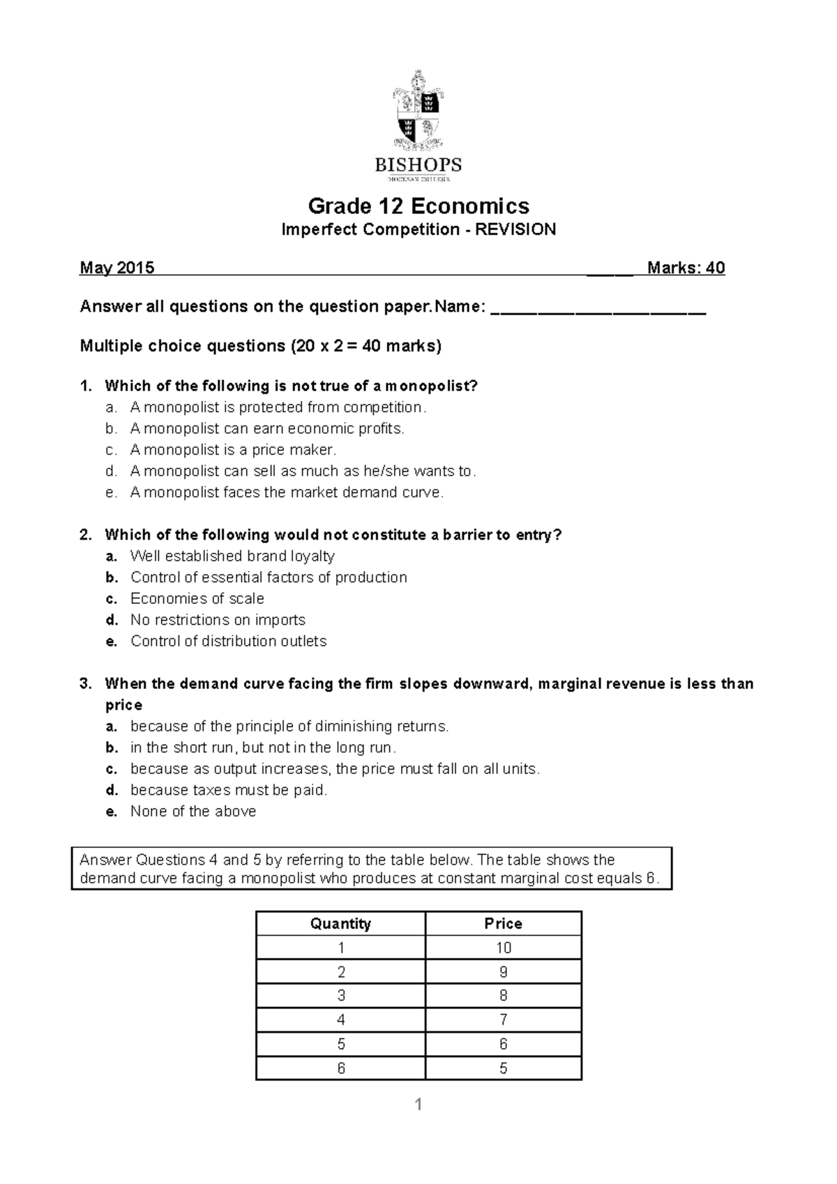 Grade 12 Economics Imperfect Competition Revision 1 - Grade 12 ...