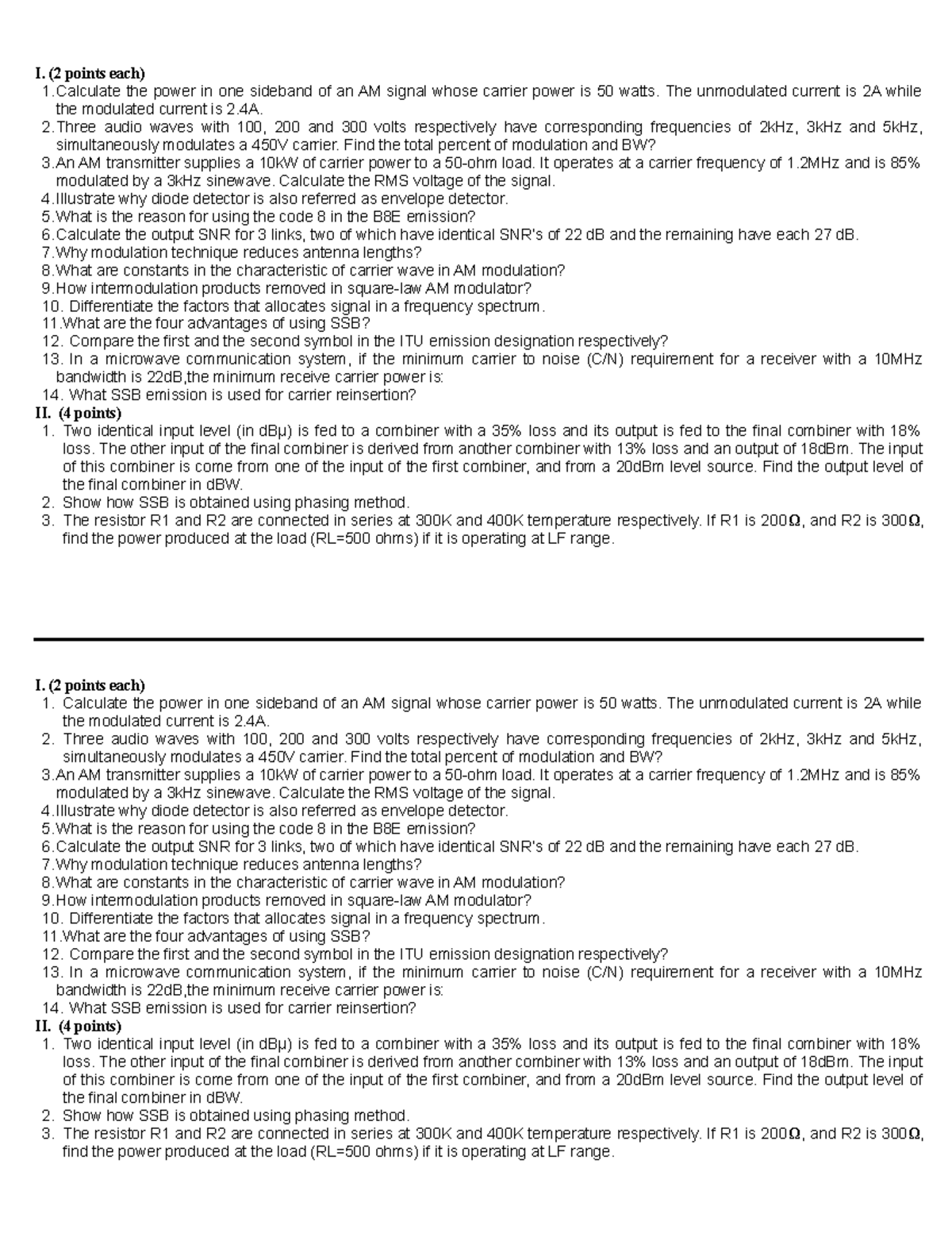 Comm1 mid 1st sem 2012 - exams - I. (2 points each) 1 the power in one ...
