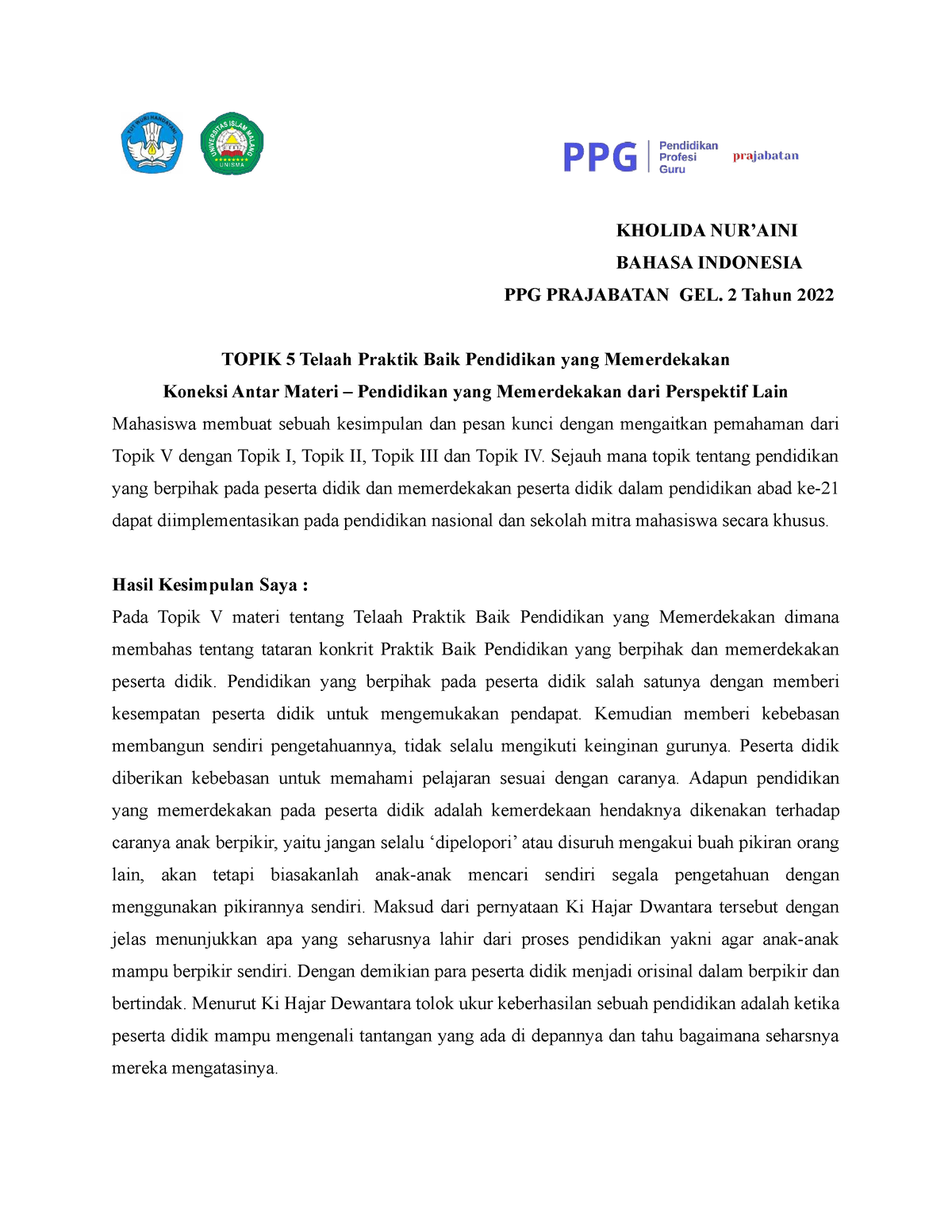 B I Topik Fpi Koneksi Antar Materi Kholida Nuraini Bahasa Indonesia Ppg Prajabatan Gel