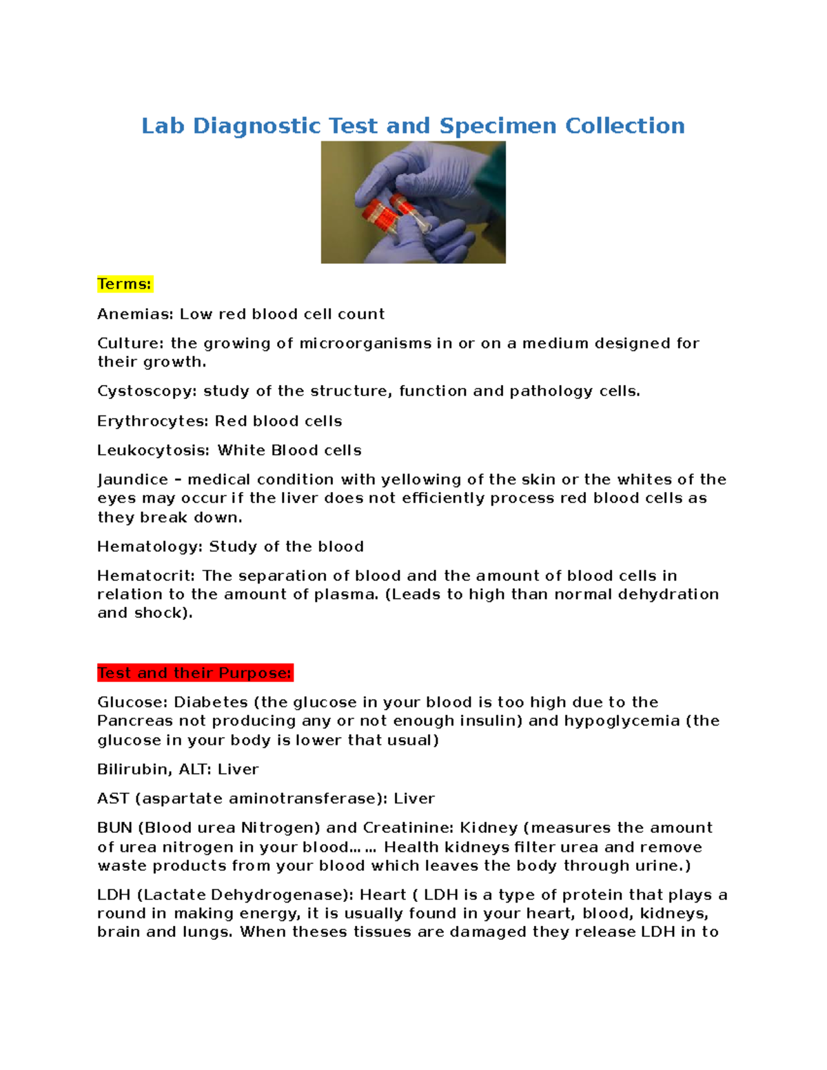 Lab Diagnostic Test and Specimen Collection Lab Diagnostic Test and