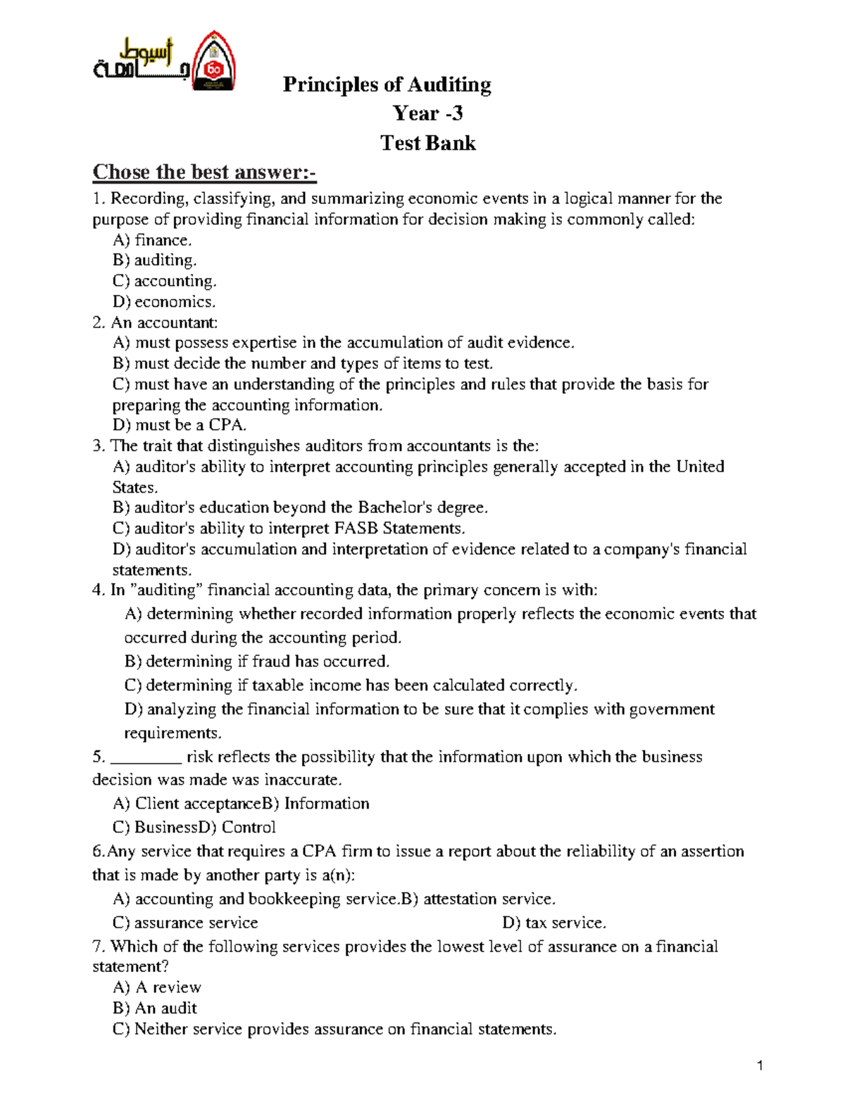 2 - important questions on audit - Principles of Auditing Year - Test ...