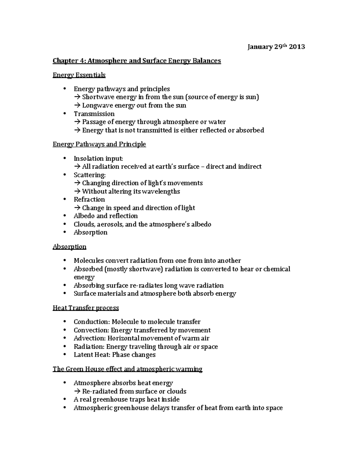 Chapter 4 - January 29th 2013 Chapter 4: Atmosphere and Surface Energy ...