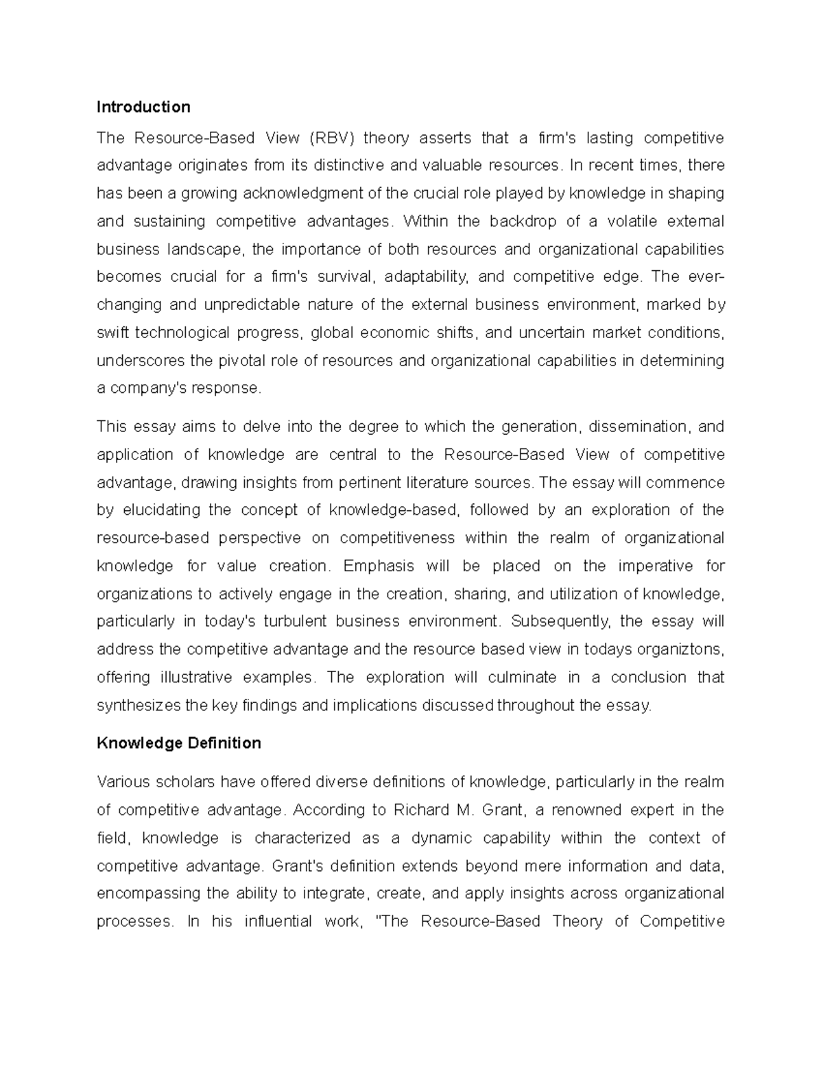 Resource Based Assignment - Introduction The Resource-Based View (RBV ...