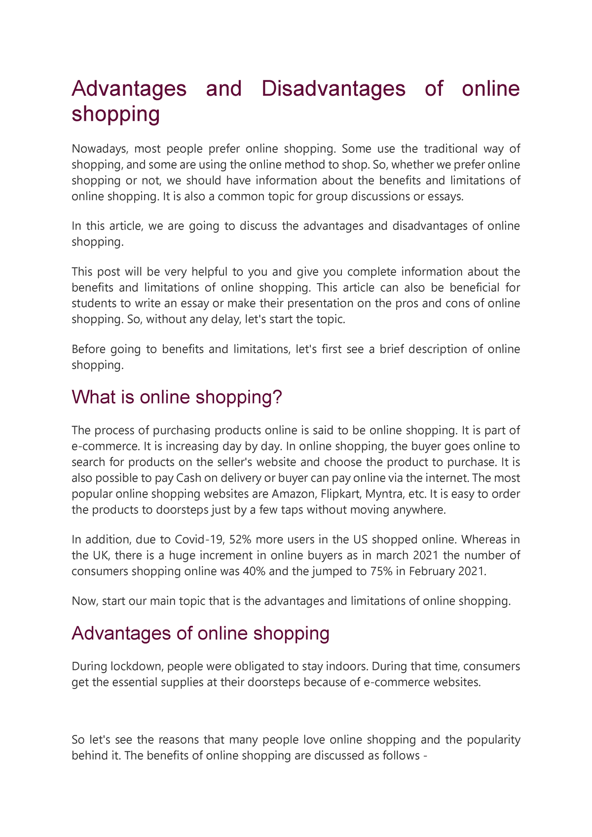 the advantages of online shopping essay 120 words