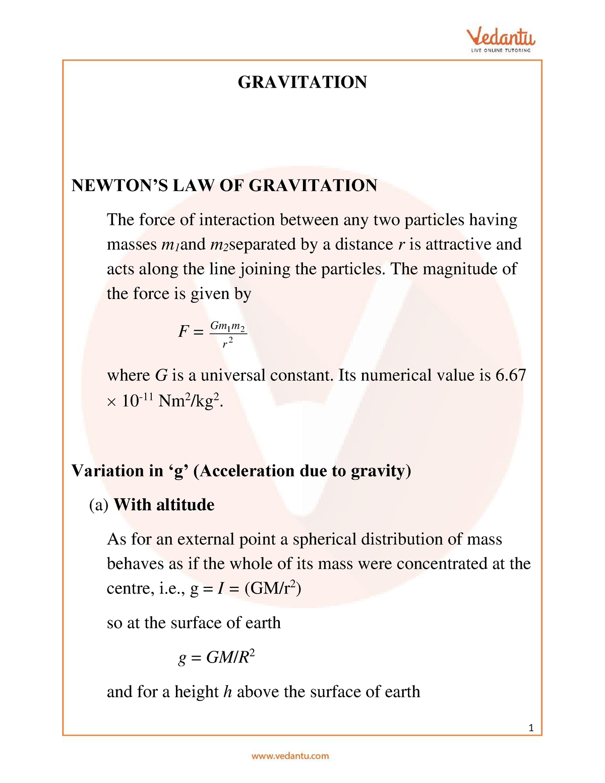 Jee Main 2023 24 Gravitation Revision Notes Free Pdf Download Gravitation Newtons Law Of 1420