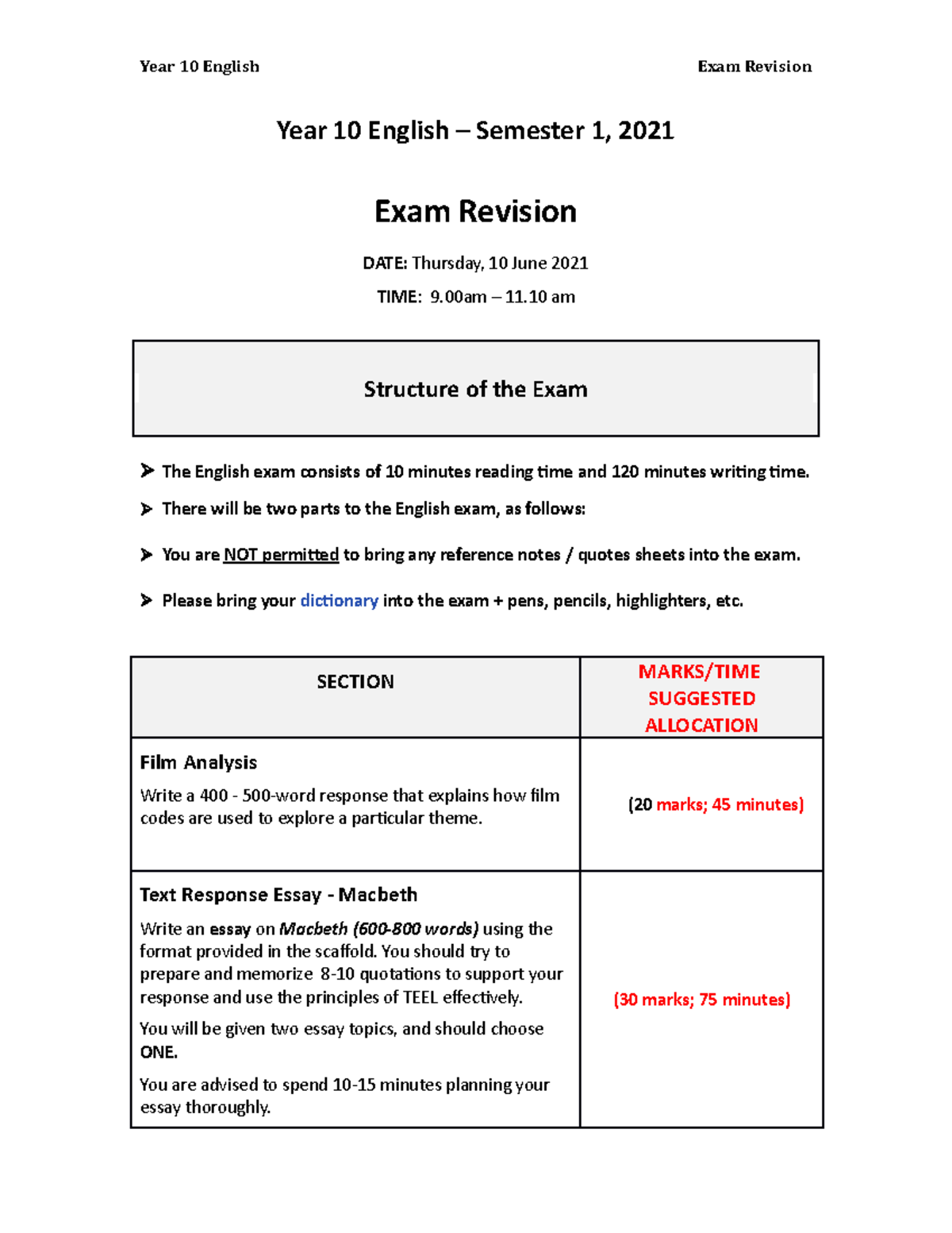 Year 10 English Exam Revision