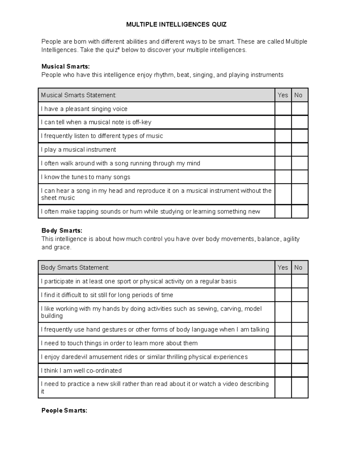 Multiple Intelligences QUIZ - MULTIPLE INTELLIGENCES QUIZ People are ...