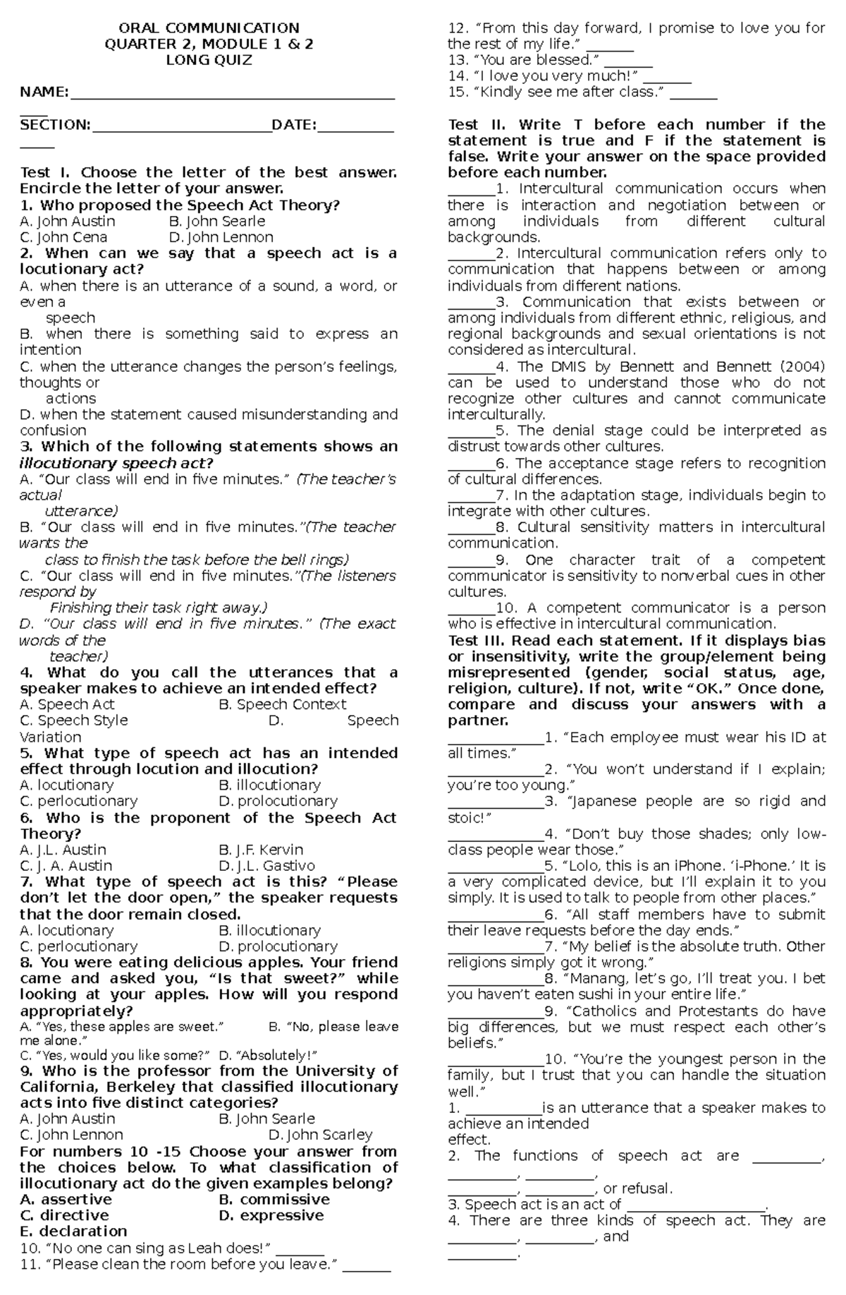 ORAL Communication long quiz - intercultural communication and speech ...