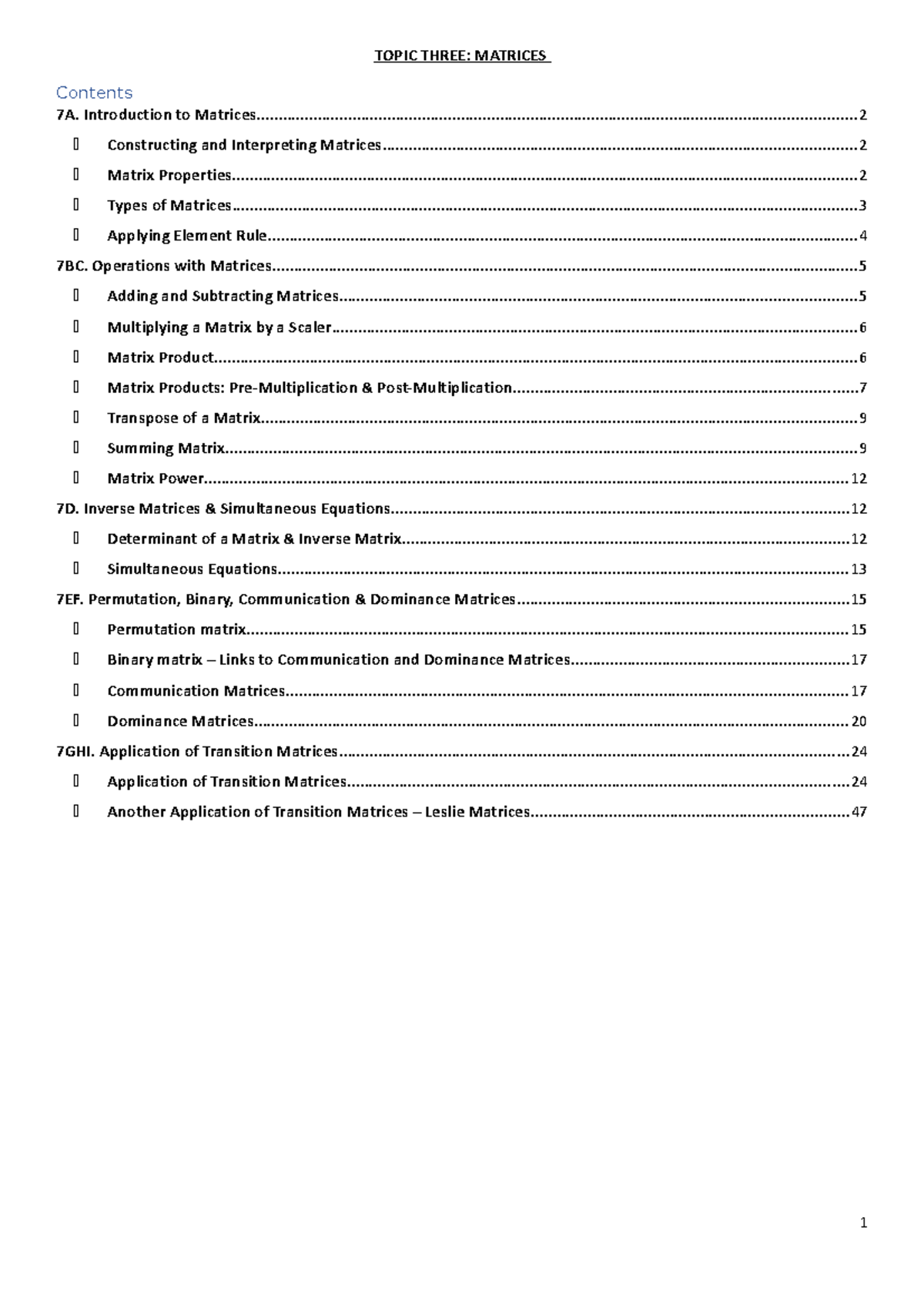 Matrices Lesson Notes - TOPIC THREE: MATRICES 7A. Introduction to ...