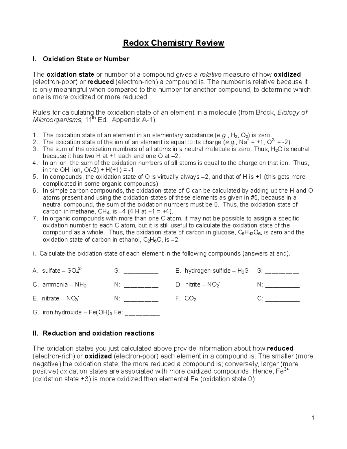 Redox handout (PDF) - Redox Chemistry Review I. Oxidation State or ...