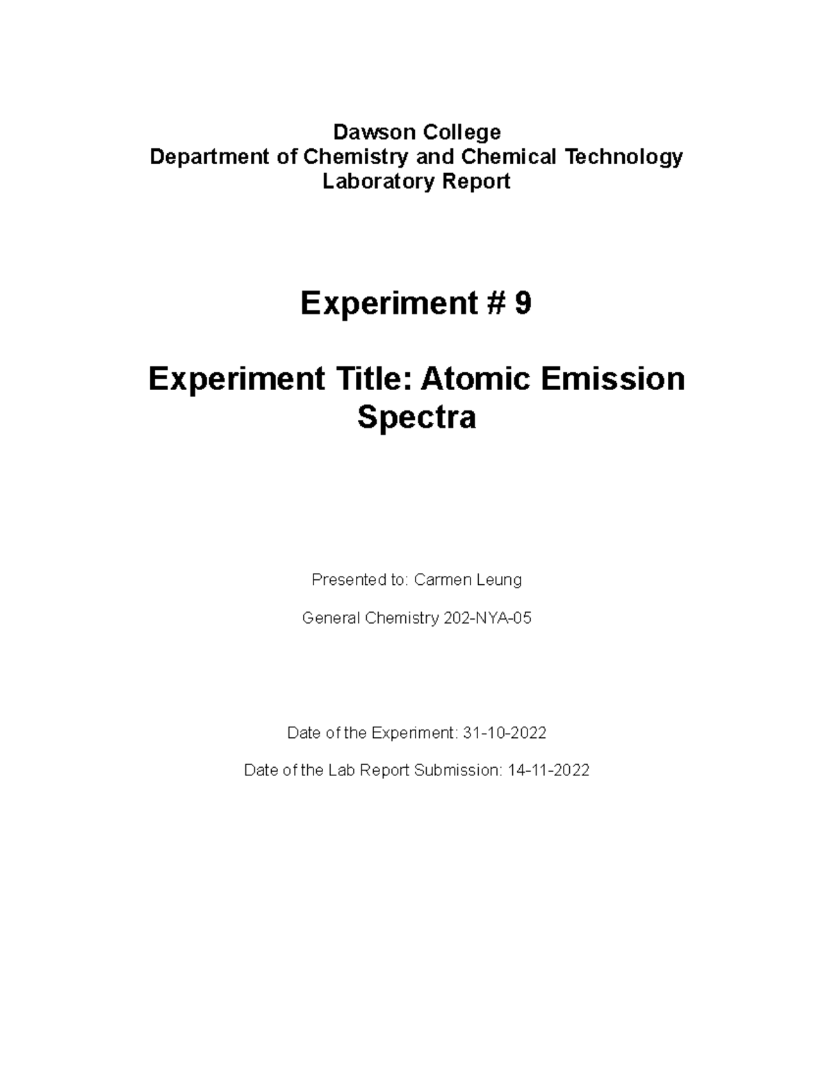 Atomic Emission Spectra Lab Dawson College Department of Chemistry