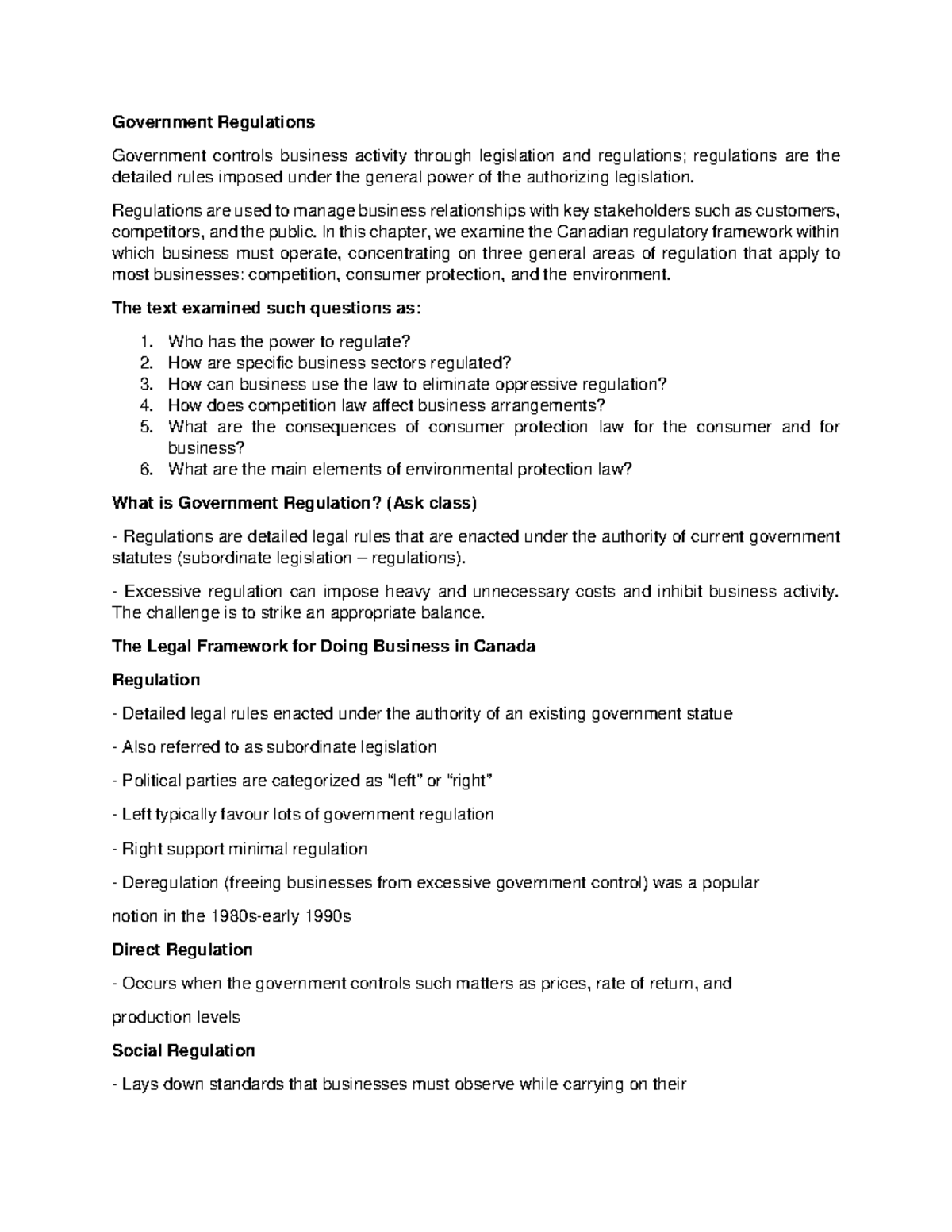 Week 2 Notes Government Regulations and Torts Government Regulations Government controls