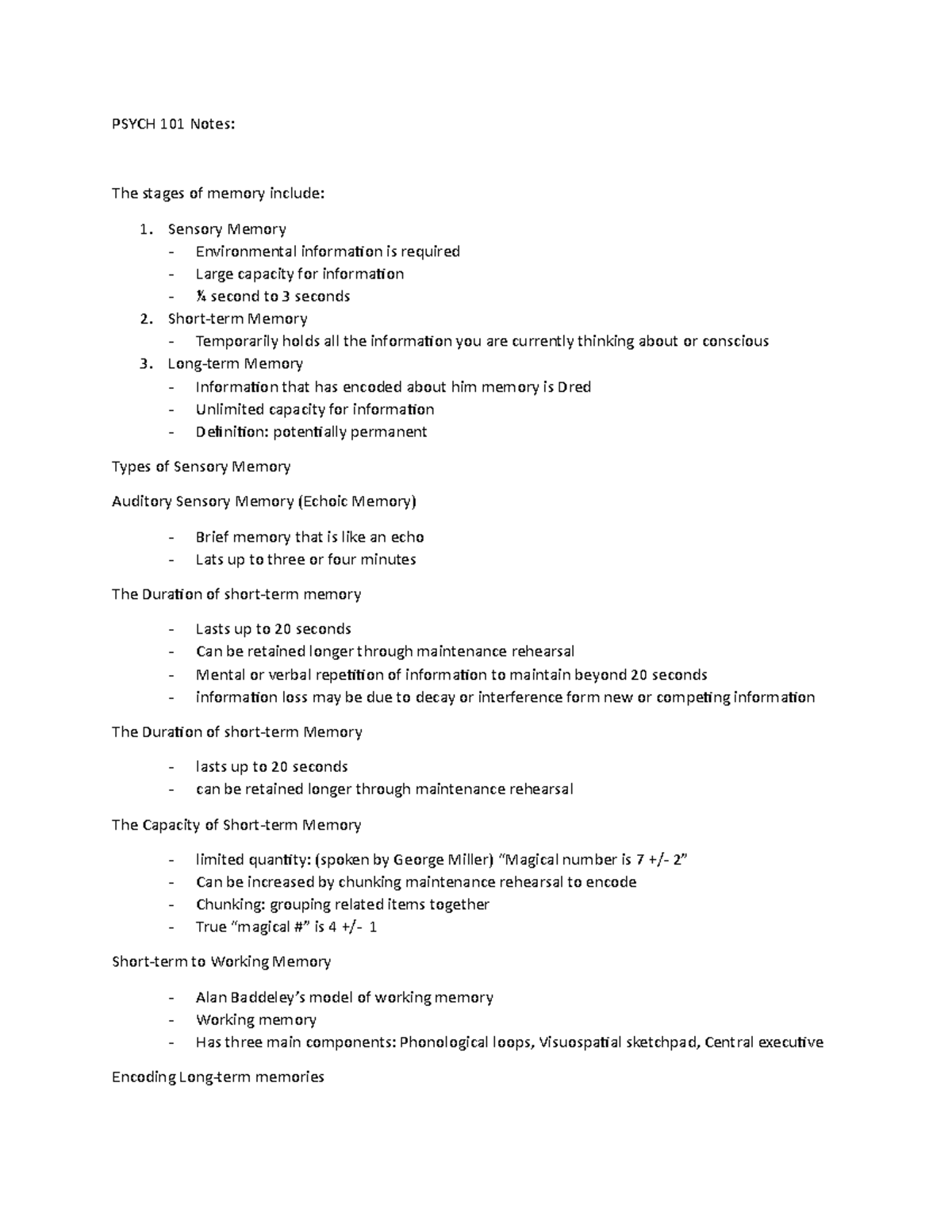 Unit 1 Notes - WOW - PSYCH 101 Notes: The stages of memory include ...