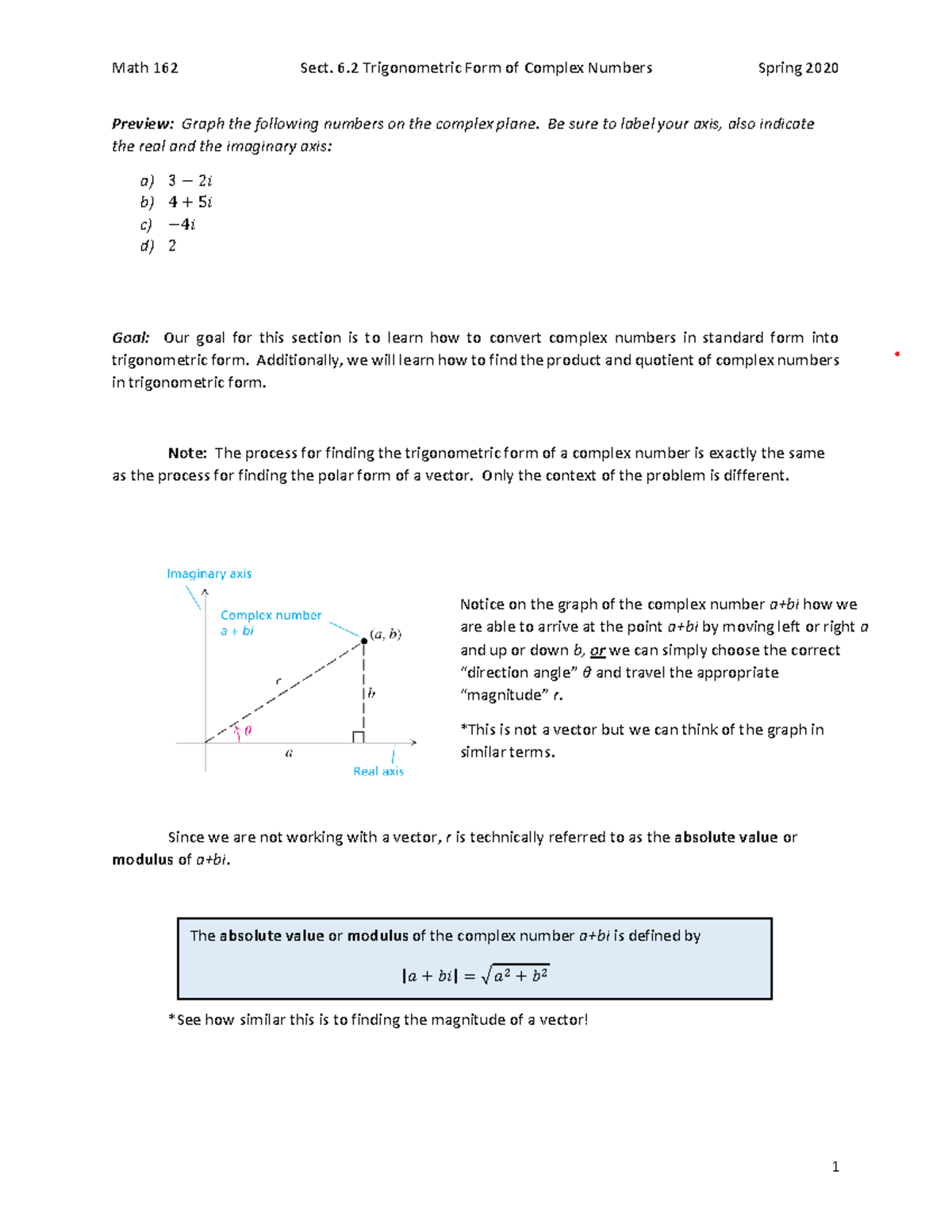 Math 162- Sect. 6.2 Notes - Preview: Graph the following numbers on the ...