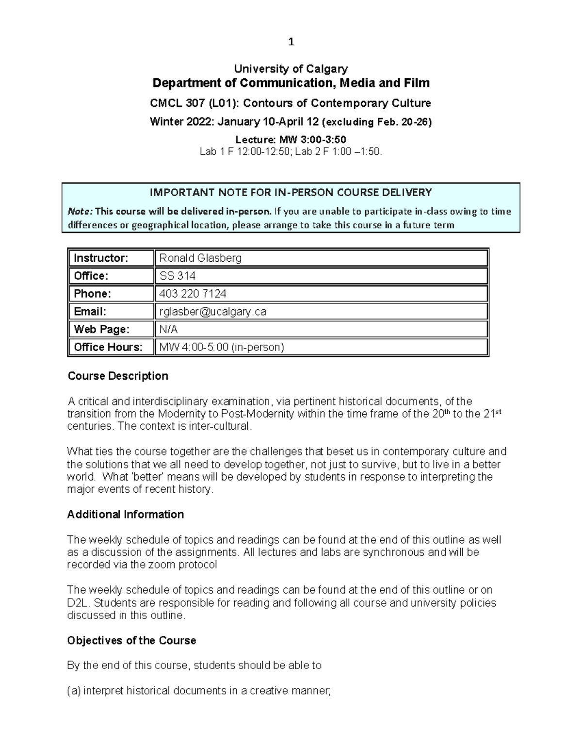 CMCL 307 Outline - University of Calgary Department of Communication ...
