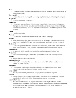 Torts Outline - Torts Outline Transferred intent: battery, assault ...