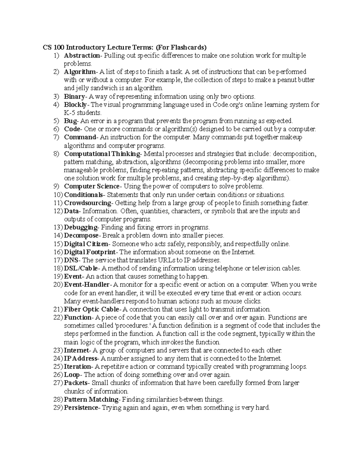 CS 100 Introductory Lecture Terms (Flashcards) - CS 100 Introductory ...